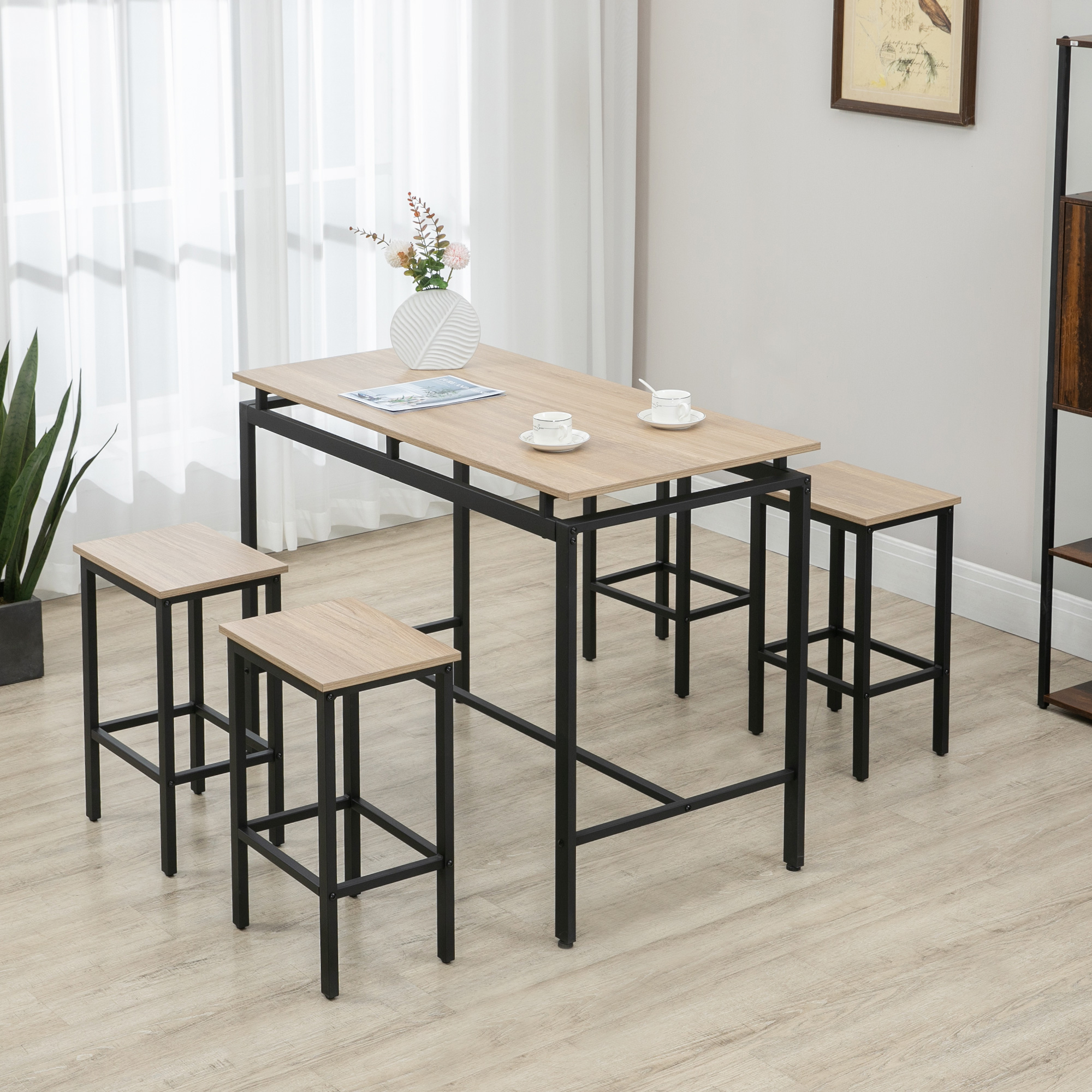 HOMCOM Bartisch, Barhocker, 5-teiliges Set, Industrial Design, Stahlrahmen, Eiche+schwarz, 120 x 60 x 90cm