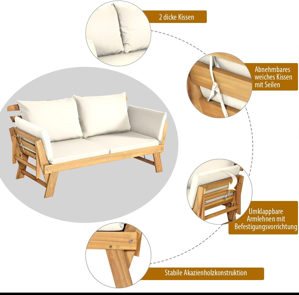 COSTWAY Gartenbank mit Liegefunktion, Gartensofa mit Auflagen und klappbaren Armlehne, Balkonbank aus Akazienholz, Balkonsofa, Gartencouch für Garten, Terrasse, Balkon, 198 x 75 x 75 cm (Beige)