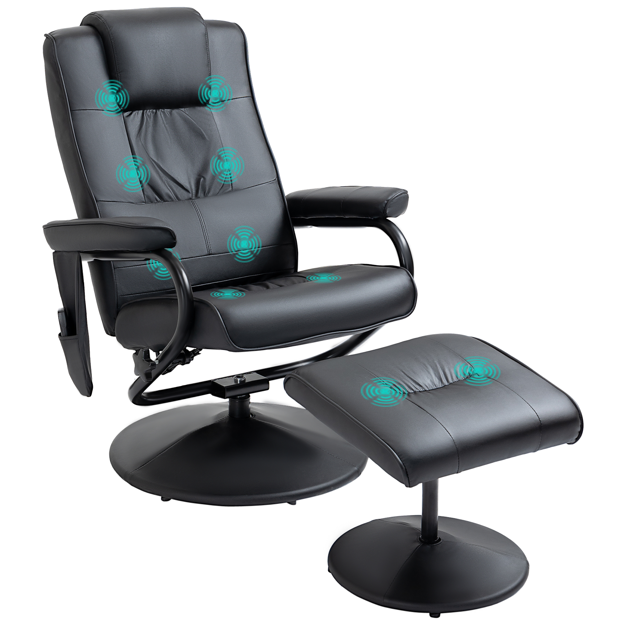 HOMCOM Massagesessel mit Hocker, Drehbares Relaxsessel mit Massagefunktion, Elektrisches Fernsehsessel mit Liegefunktion, Fernbedienung für Wohnzimmer, Kunstleder, Schwarz