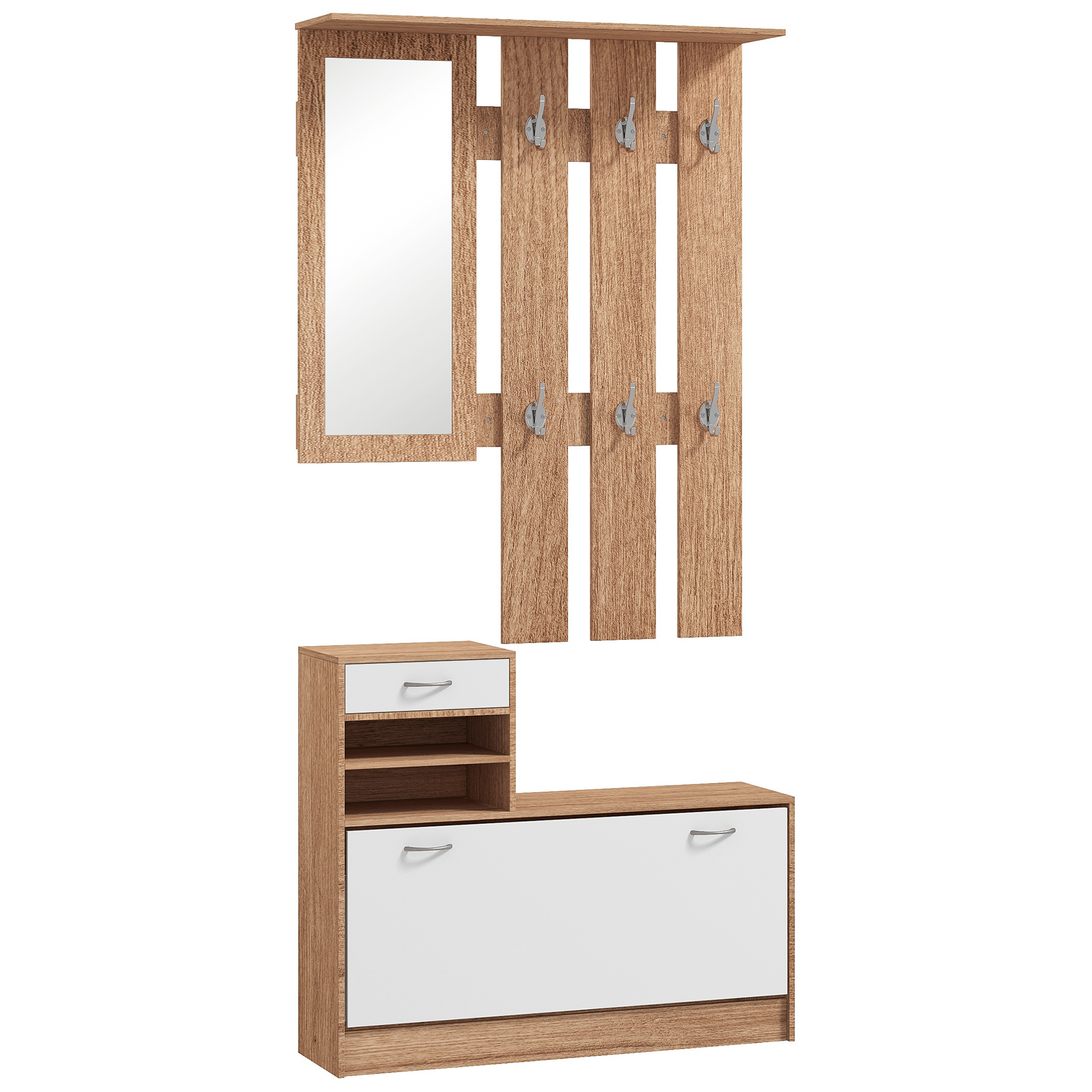HOMCOM Eingangsmöbelset Garderobe mit Garderobenpaneel, Spiegel und Schuhschrank - 6 Haken und verstellbares Regal