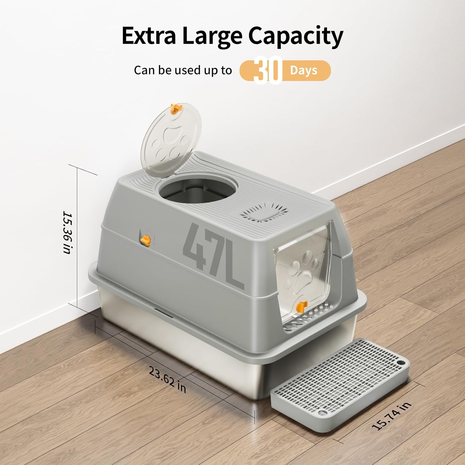 Lettiera per Gatti in Acciaio Inox, Lettiera Gatto Chiusa XXL, Lettiera Gatto Grande con Pala in Metallo, Doppio Strato Opaco Toilette per Gatti Grande - Grigio