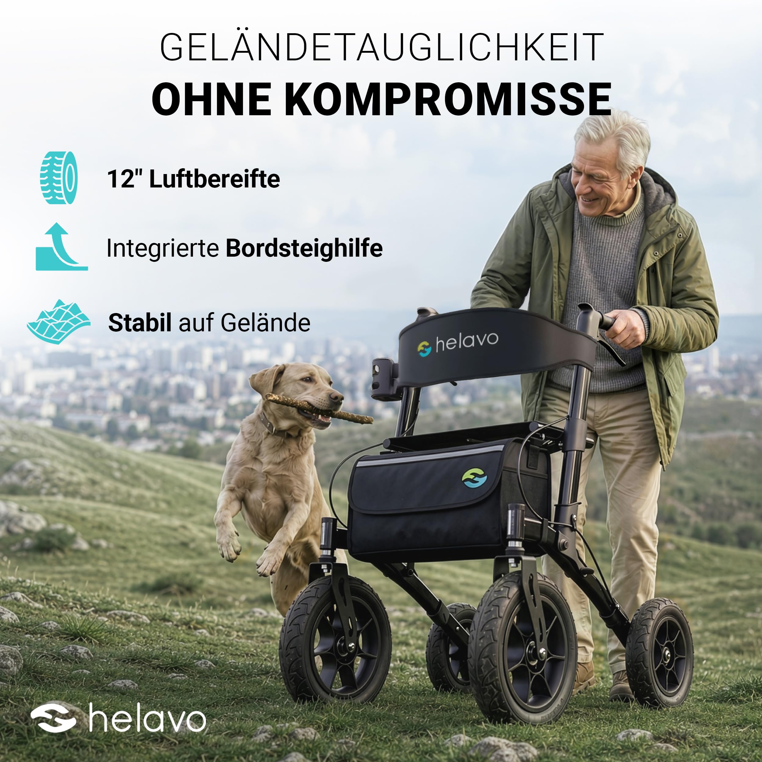 Helavo Outdoor Rollator mit Luftbereifung faltbarer Rollator für draußen geländegängig robust kompakt