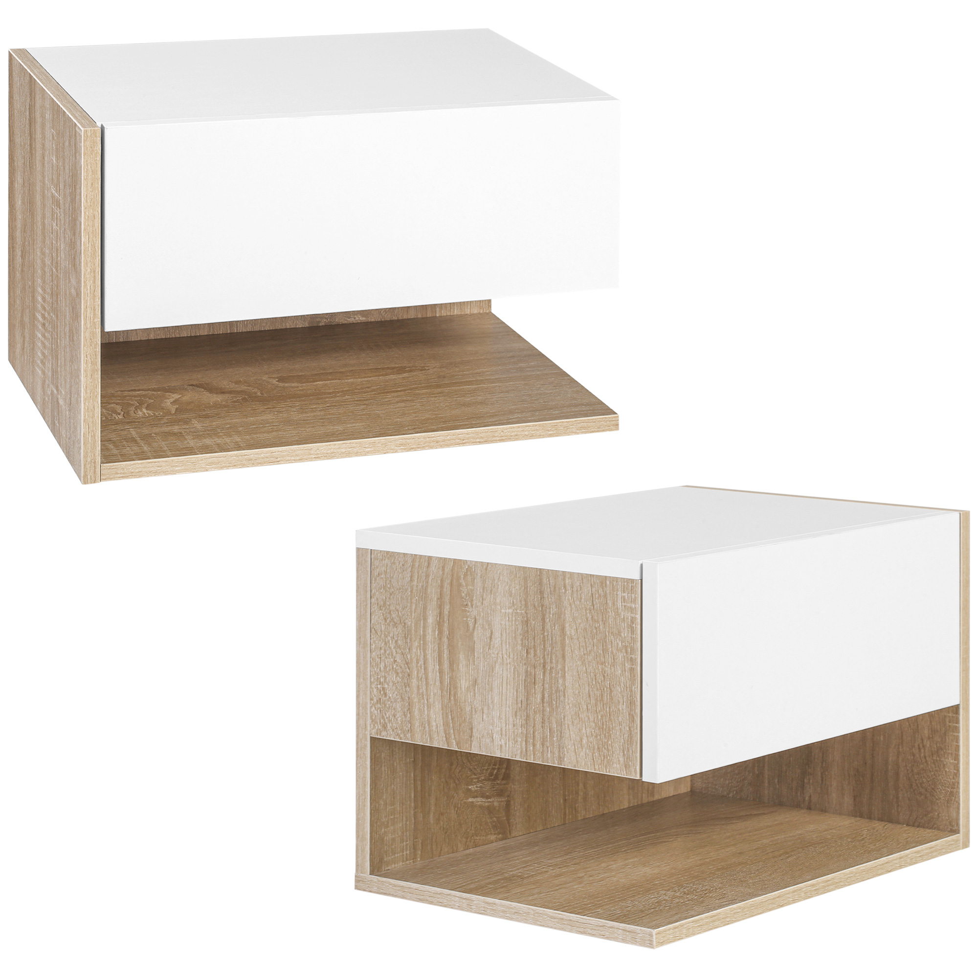 HOMCOM Set aus 2 Wand-Nachttischen - Set aus 2 Nachtischen - Ausziehbare Schublade, Regal, Zweifarbenoptik Eiche Weiß