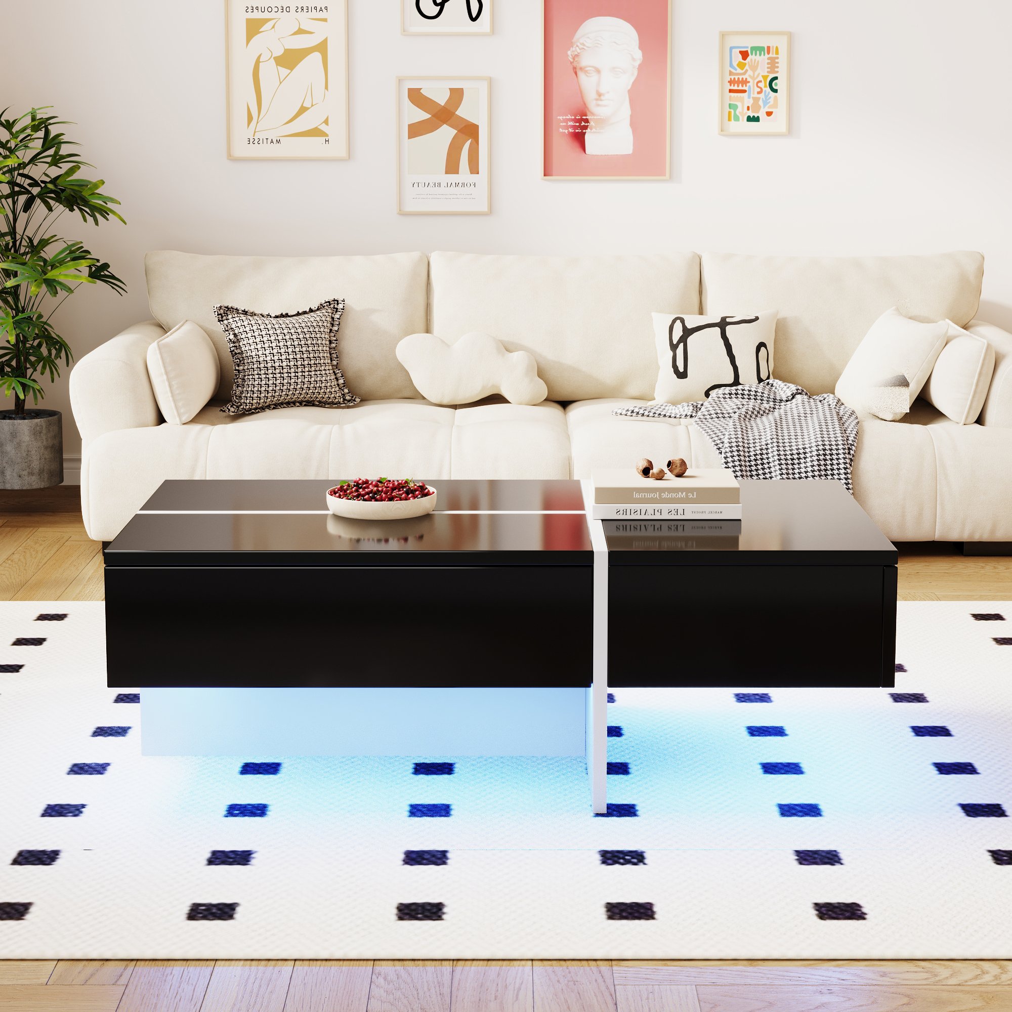 Hochglänzender Couchtisch mit App-gesteuertem LED-Beleuchtungssystem und drei Schubladen, schwarz-weiße Colorblock-Struktur, Schwarz
