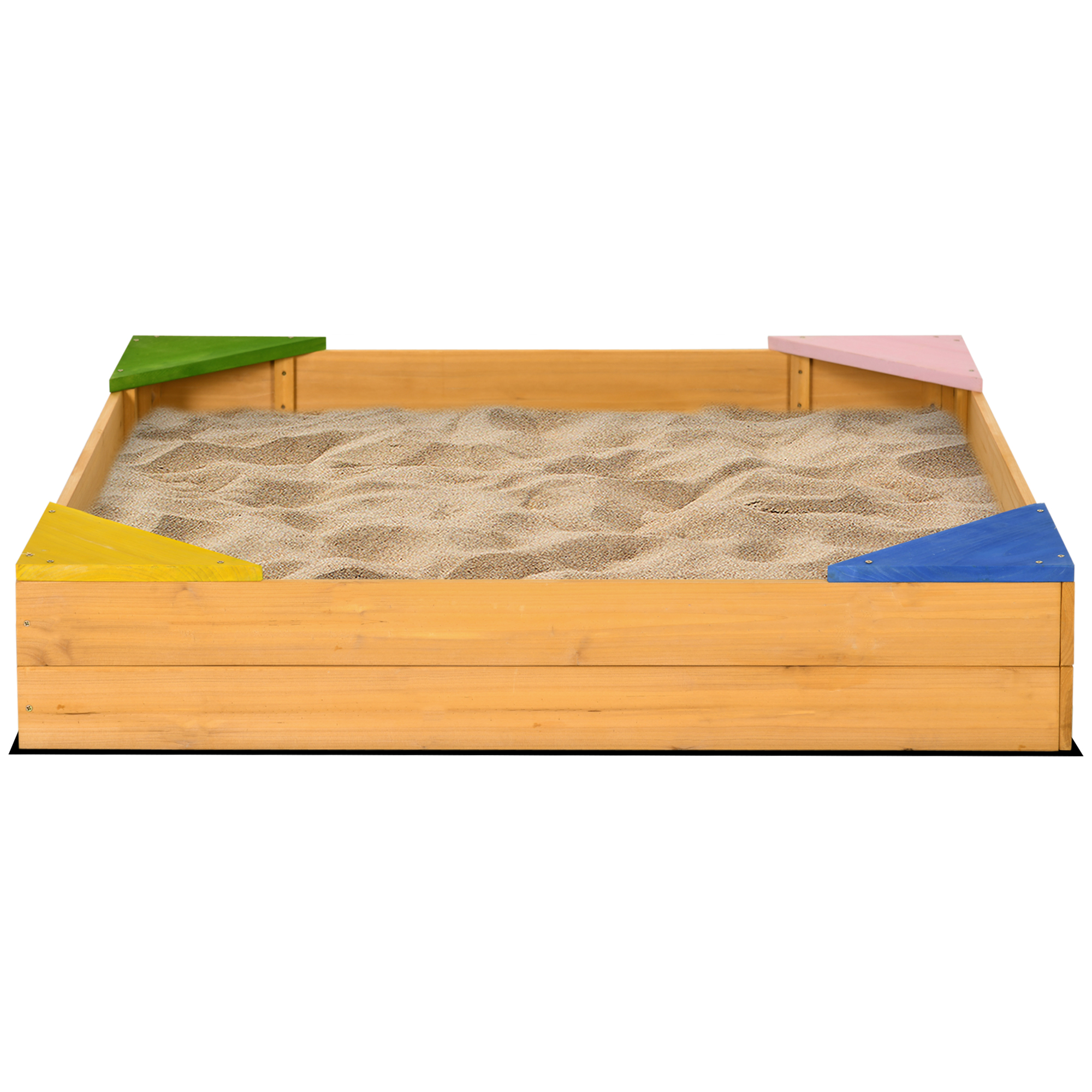 Outsunny Quadratischer Sandkasten aus Holz für Kinder mit 4 Sitzgelegenheiten in der Ecke und Schutzfilm 109 x 109 x 19,8 cm Naturholz