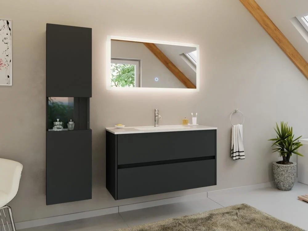 Badmöbel Set Taifun 3tlg. 100 cm mit LED Spiegel & Hochschrank