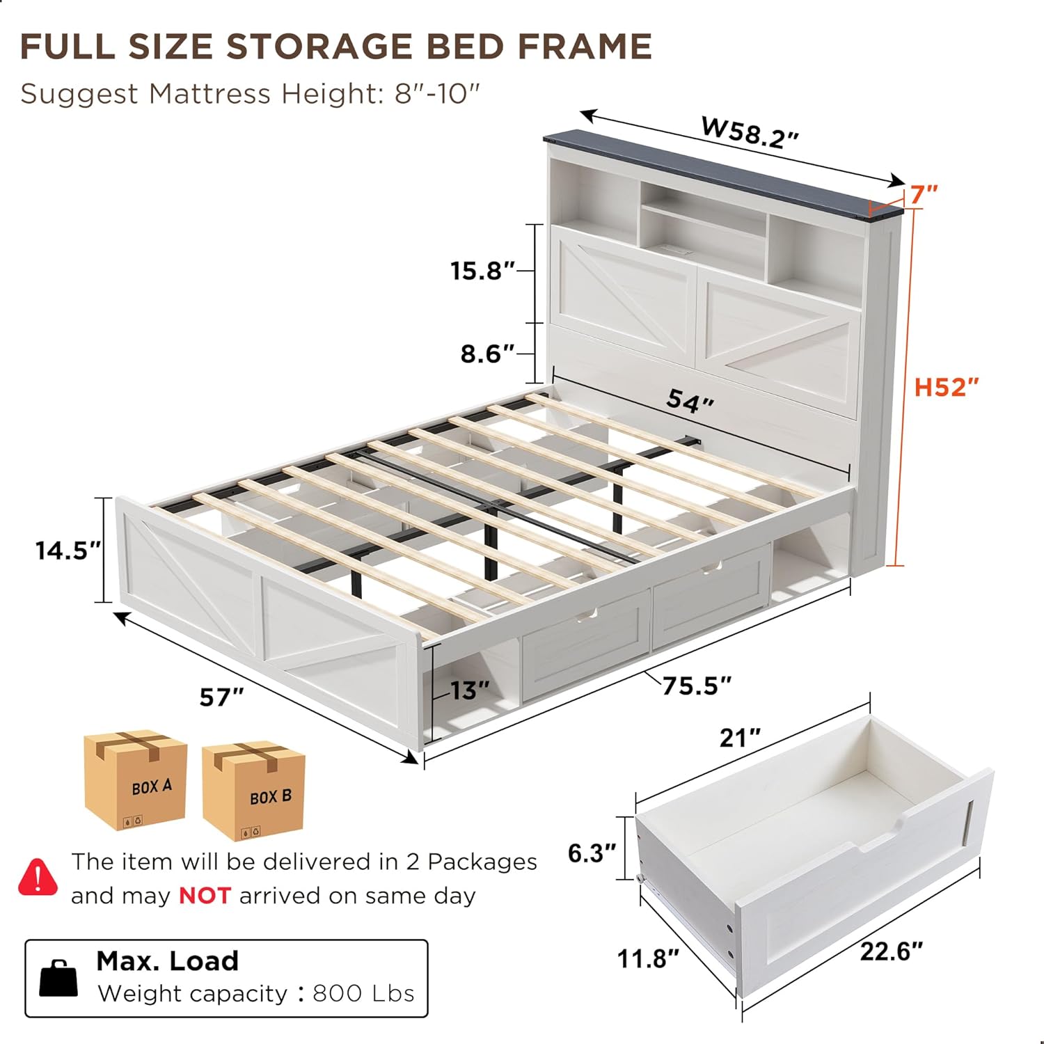 ACCOHOHO Farmhouse Full Size Bed Frame with 52