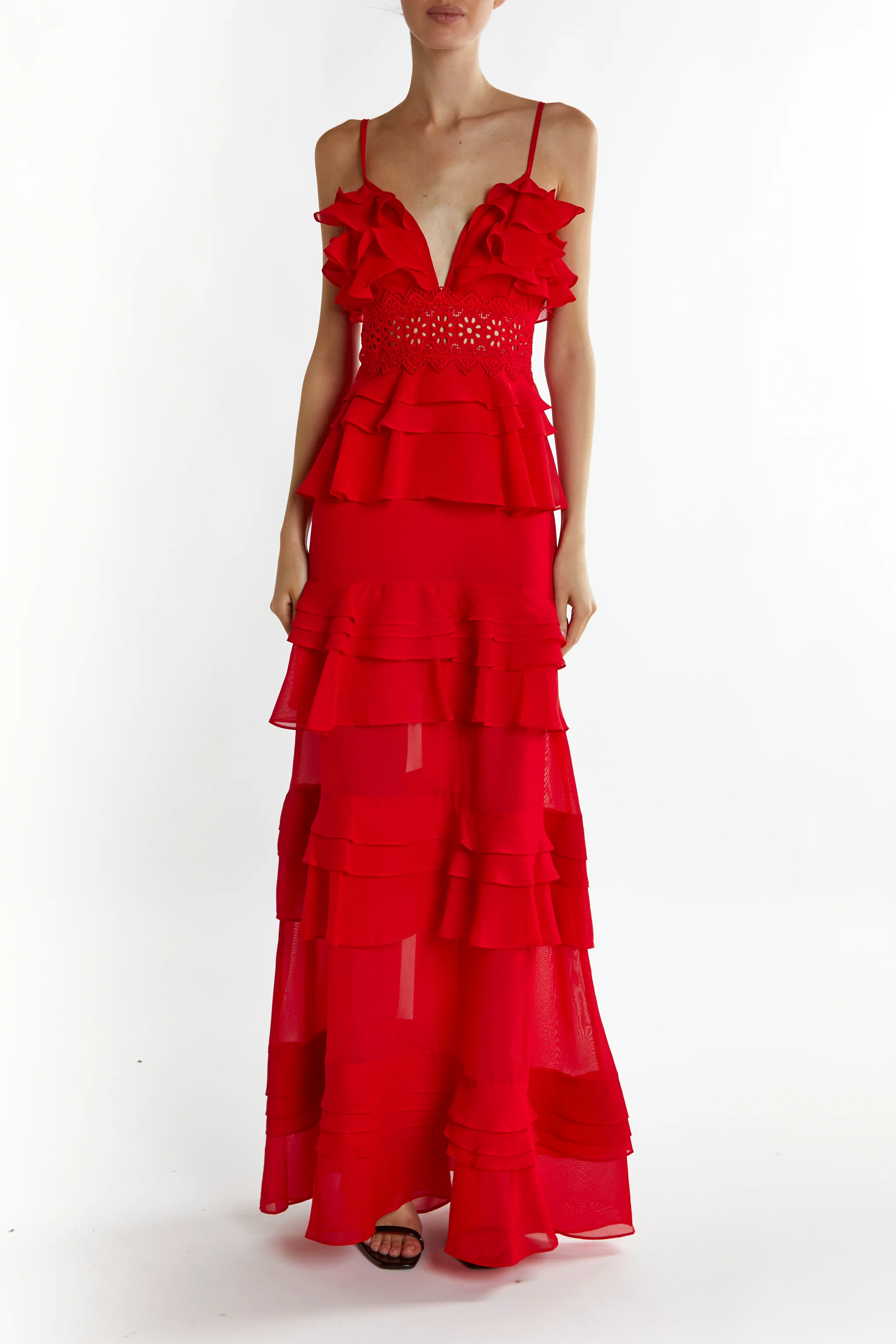 Sophia Red Deep Plunge Layered Ruffle  Maxi-Dress