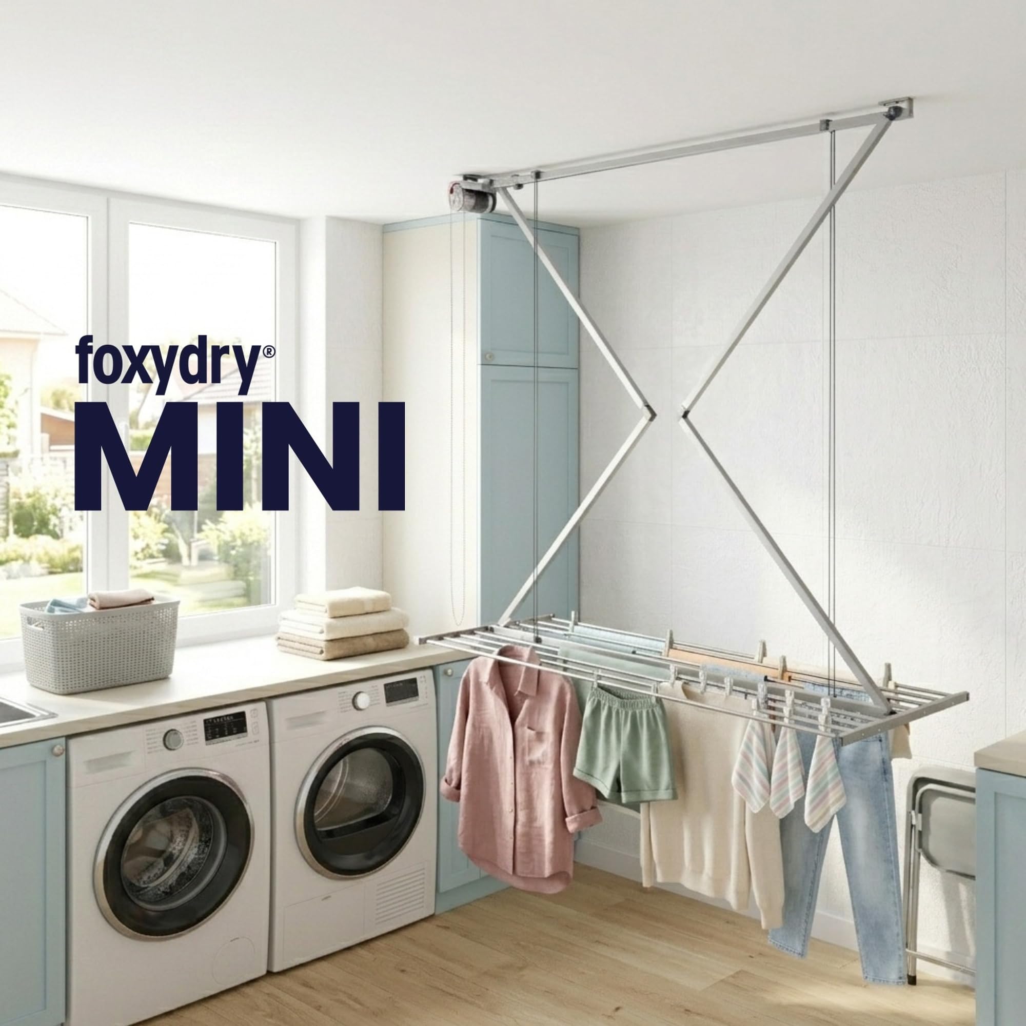 Foxydry Mini klappbarer Wäscheständer Deckenmontage 152 cm platzsparend für Bad Küche Balkon