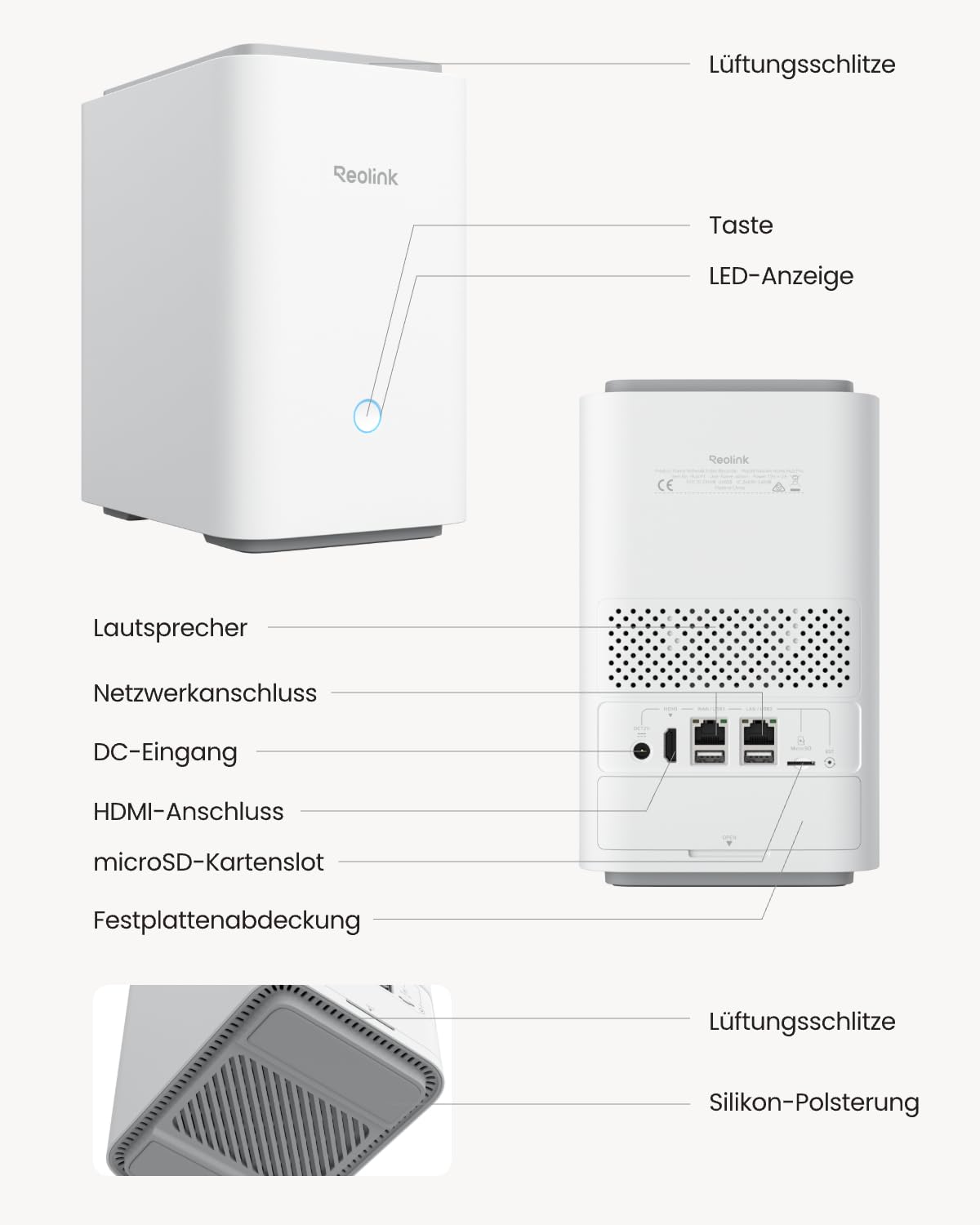 Lokaler Überwachungsspeicher für bis zu 12 Kameras, unterstützt 16TB HDD und 512GB SD-Karte, AES-128-Verschlüsselung, Wi-Fi 6, HDMI, ohne Festplatte