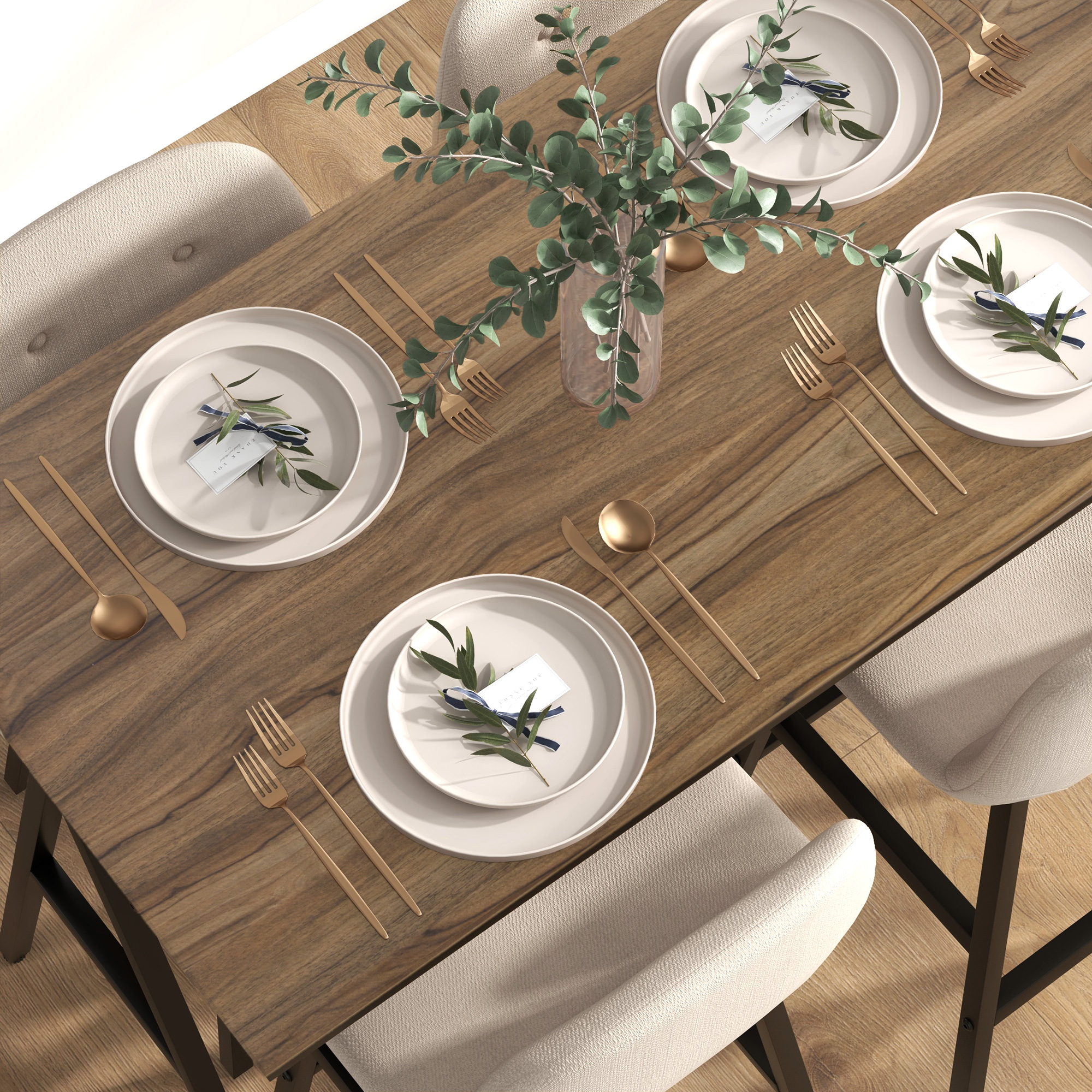 5-delige Bargarnituur, Tafel en 4 Stoelen, Knoopstiksel, Dikke Bekleding, Linnenlook, Beige