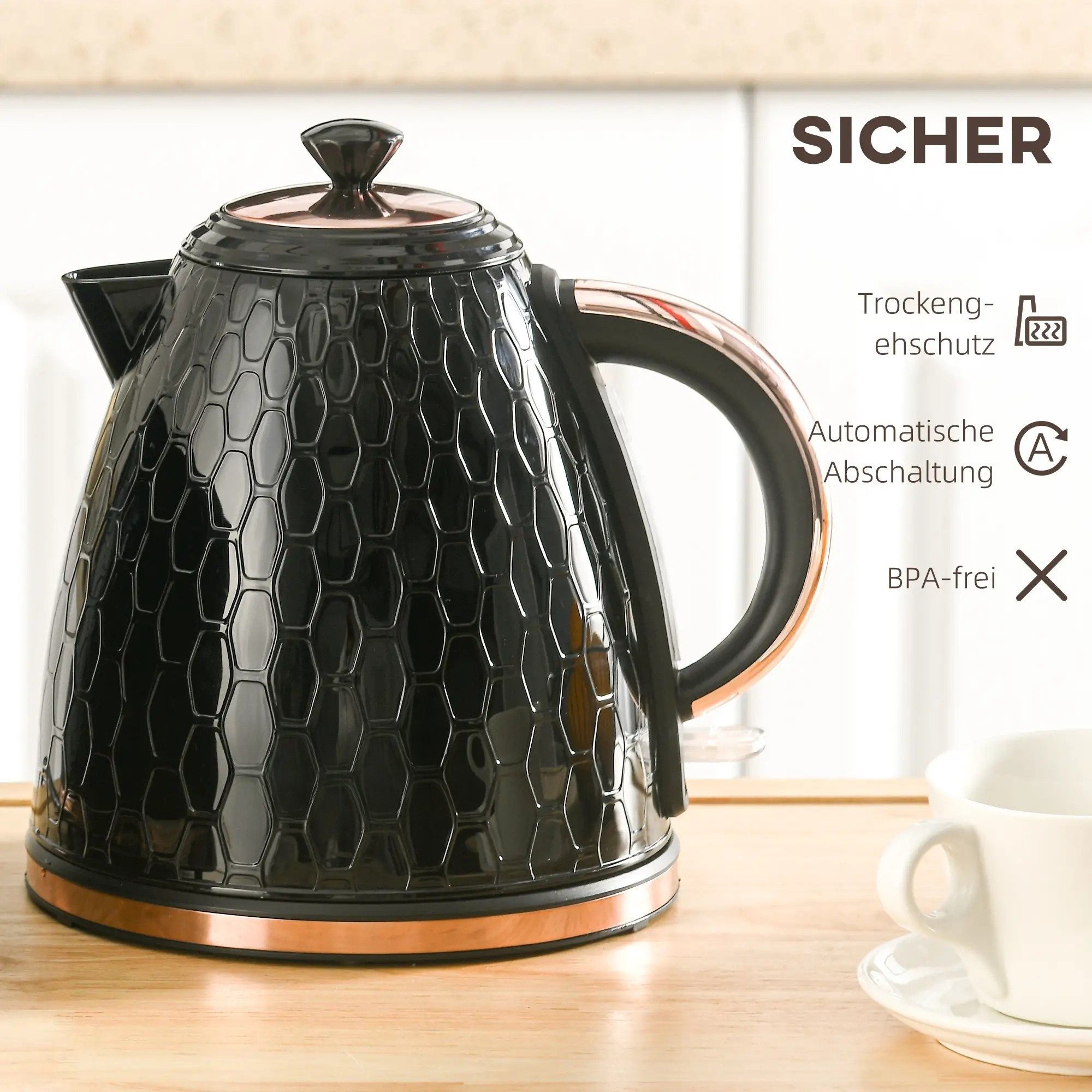 Wasserkocher 2200W, Sichtfenster, Filter, Schnellkocher, Schwarz