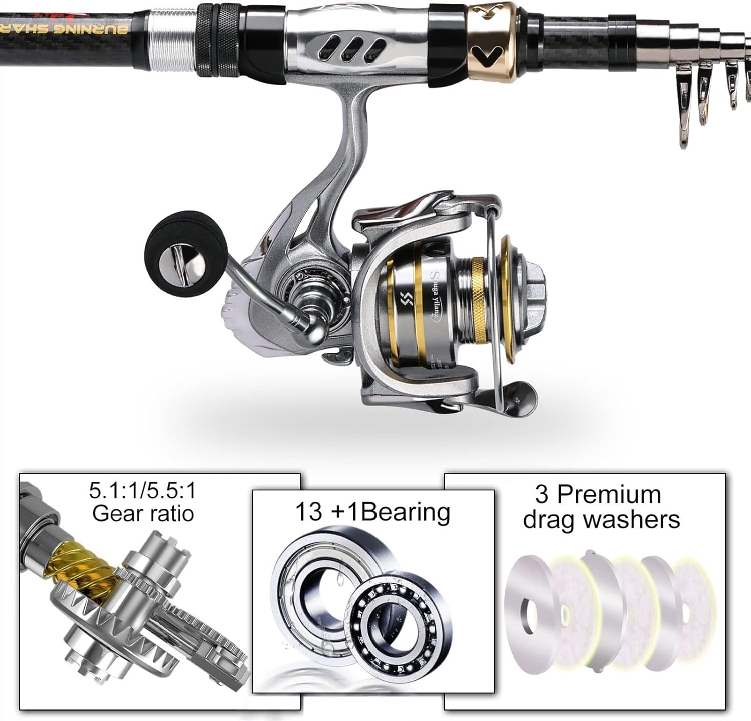 Panfish Rod Angelrute und Rolle Combos, Kohlefaser, Teleskop-Angelrute, Spinnrolle 13 + 1 BB mit Koffer-Angelset, Baitcast-Rute