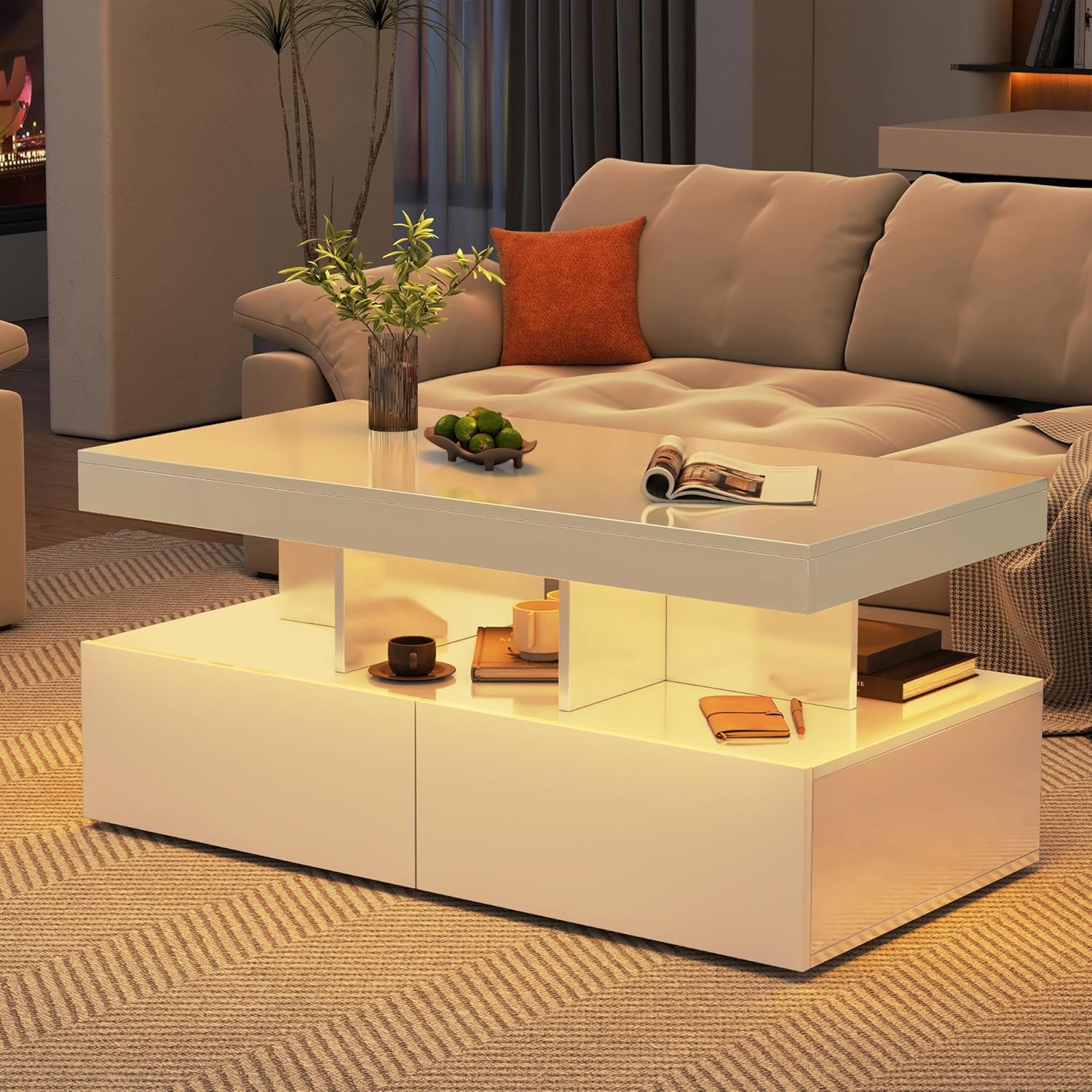 Tavolino rettangolare da salotto con LED e 2 cassetti, tavolino da salotto moderno, bianco, per il soggiorno (bianco)