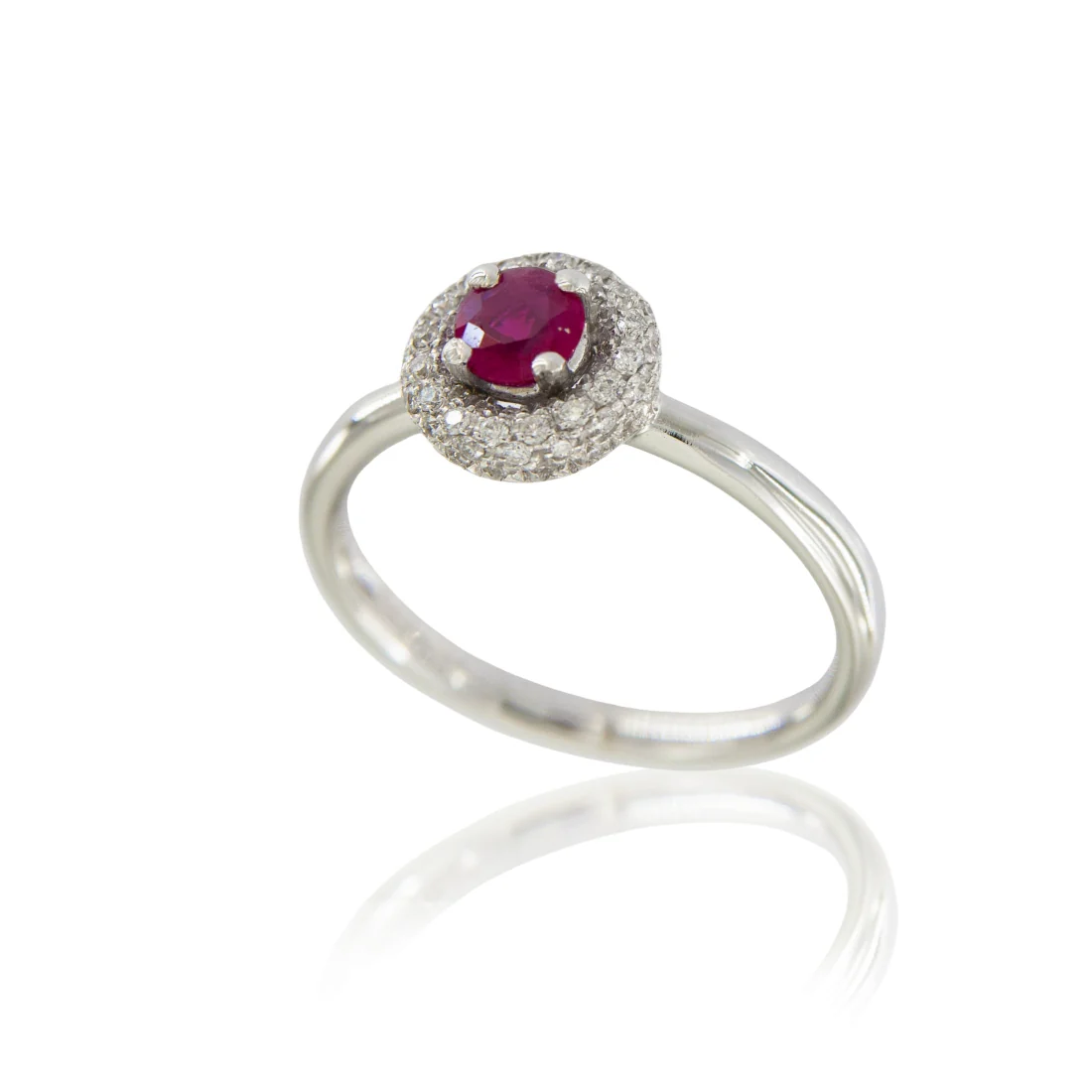 Anello rubino naturale tondo ct 0,35 con contorno pav�� di brillanti