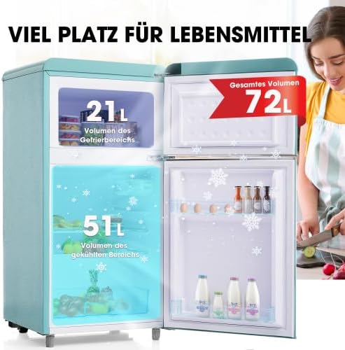 Merax Retro Kühlschrank mit Gefrierfach – 72L Mini Kühlschrank, 21L Gefrierfach, 120 kWh/Jahr, Energieklasse E, LED-Licht, Cyan – Ideal für kleine Haushalte