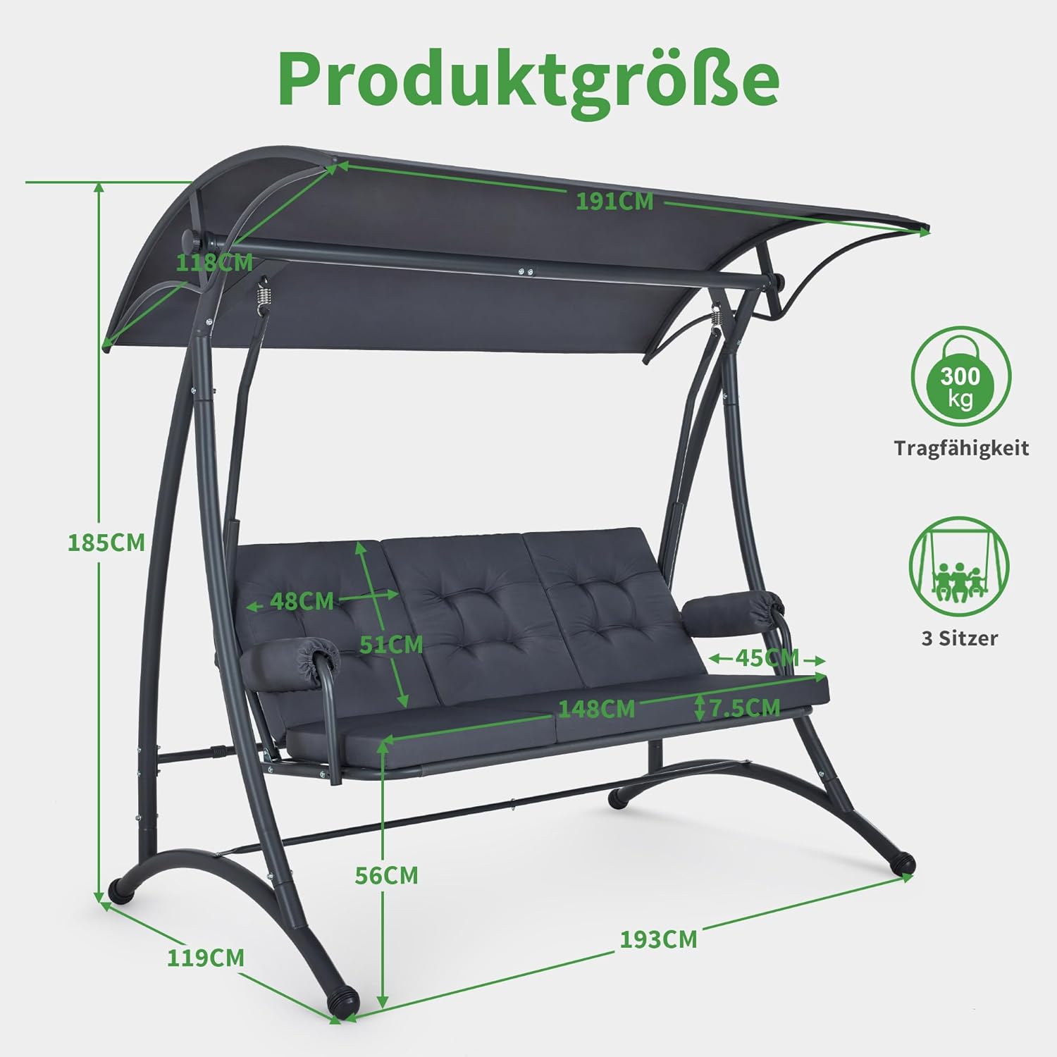 M MCombo Dondolo Hollywood a 3 posti con funzione sdraio, 3 cuscini extra spessi e ganci silenziosi, altalena da giardino silenziosa portata fino a 300 kg, 193 x 119 x 185 cm, resistente alle