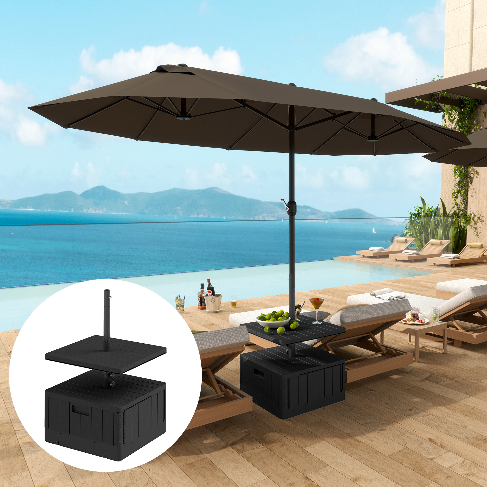 Outsunny Terrassenschirmständer, Gartenschirmständer mit Tischplatte, Terrassenschirmbasis, Kunststoff, Schwarz