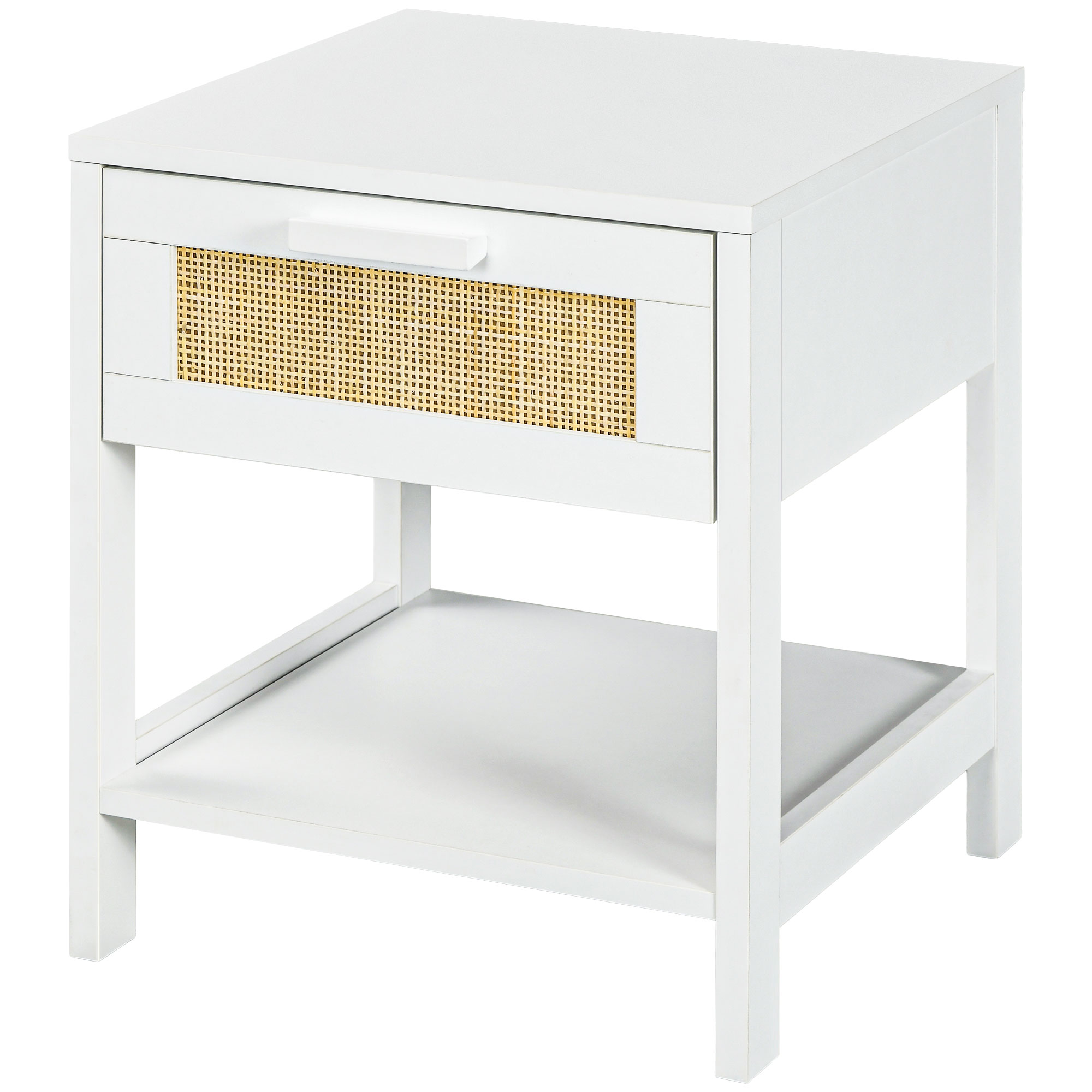 HOMCOM Nachttisch Beistelltisch mit Schublade und Regal, Rattan-Front, 40B x 40T x 48H cm weiß