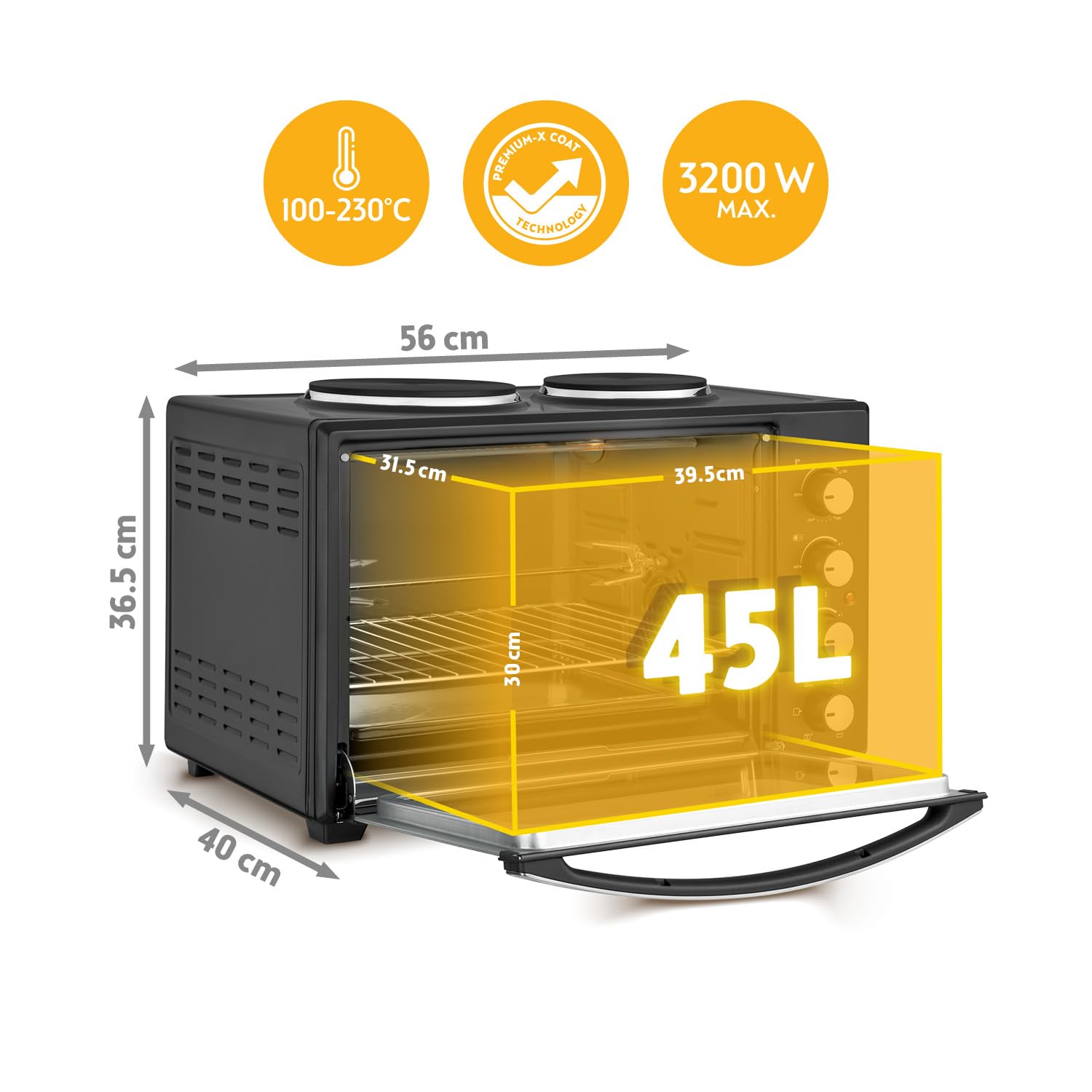 TZS First Austria Minibackofen Kochplatten 45L 3200 W Pizzaofen bis 230°C Antihaftbeschichtung 4 Einschubhöhen