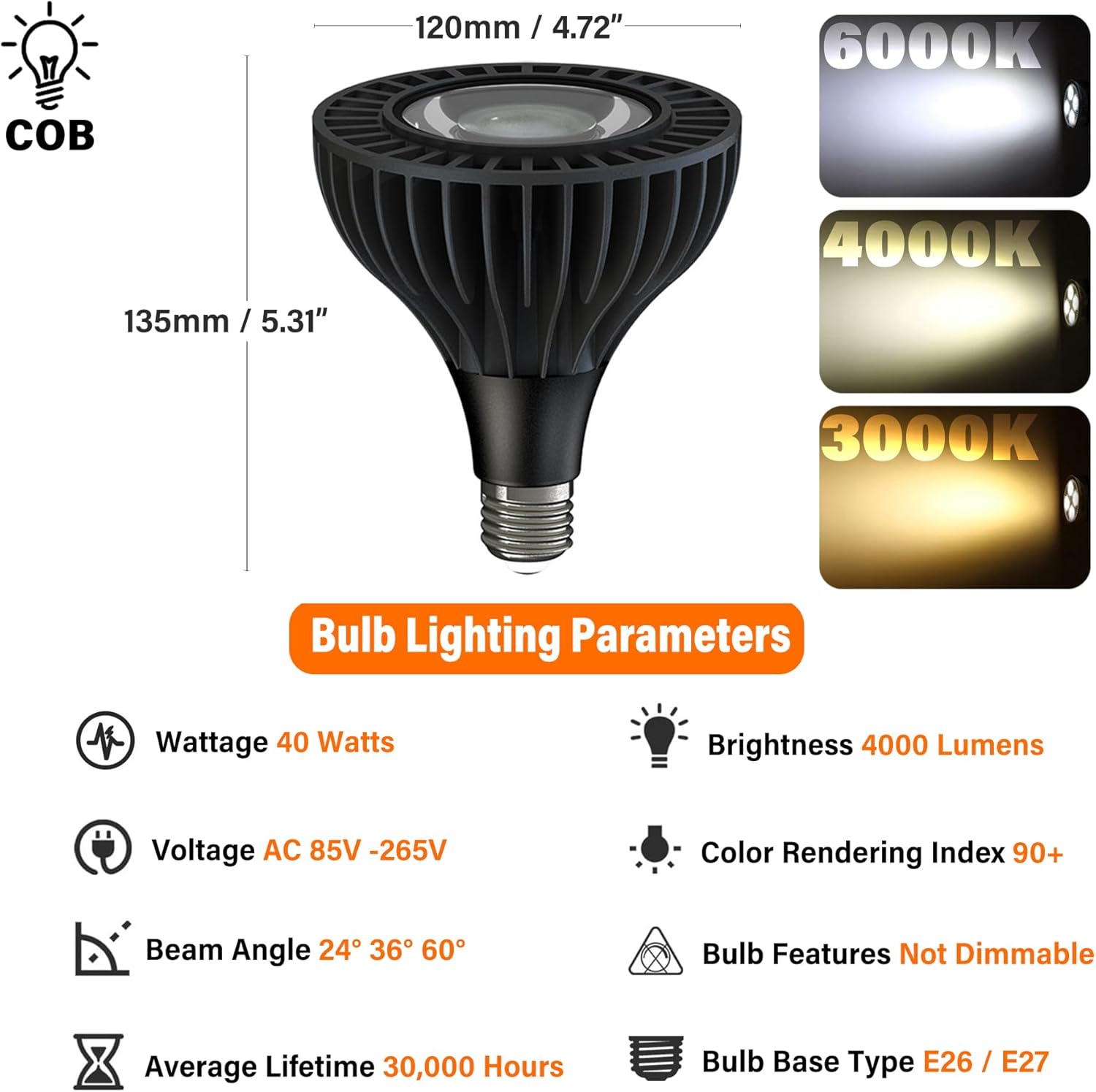 PAR38 Flutlicht-LED-Leuchtmittel, COB, 40 Watt, ultrahell, 4000 Lumen, Vollspektrum, CRI 90+, 85–265 V Wechselstrom, Universalspannung, mittlerer Sockel, nicht dimmbar (8 Stück)