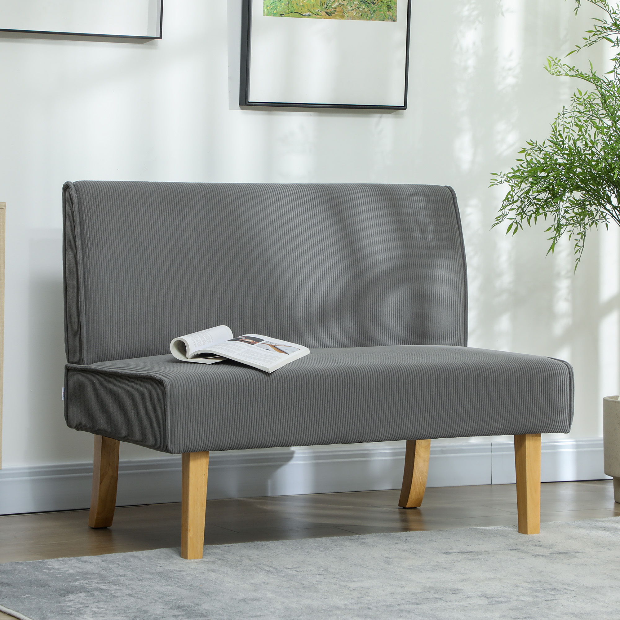 Tweezitsbank met Corduroy Bekleding, Dikke Vulling en Stevige Houten Poten voor Woonkamer, Slaapkamer, Kantoor, Grijs