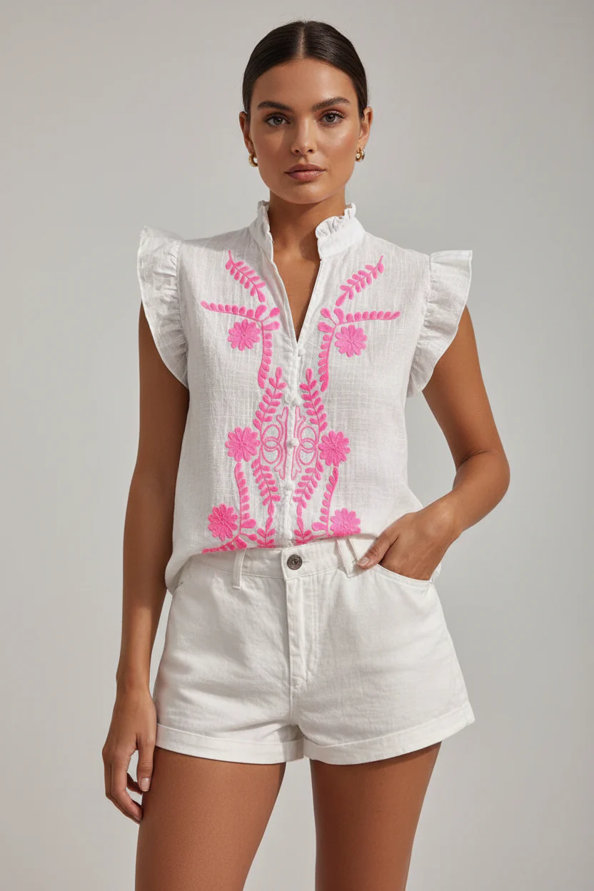 Embroidered Ruffle Sleeveless Blouse �C White | Women's Luxury Cotton Top