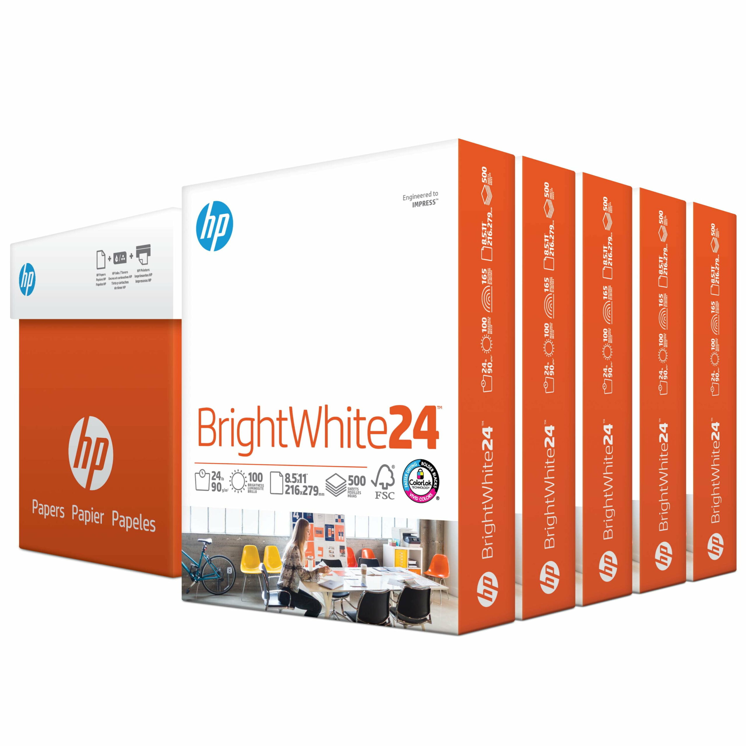 HP Bright White 24lb Printer Paper, 8.5&times;11, 5 Ream, 2,500 Sheets, FSC Certified