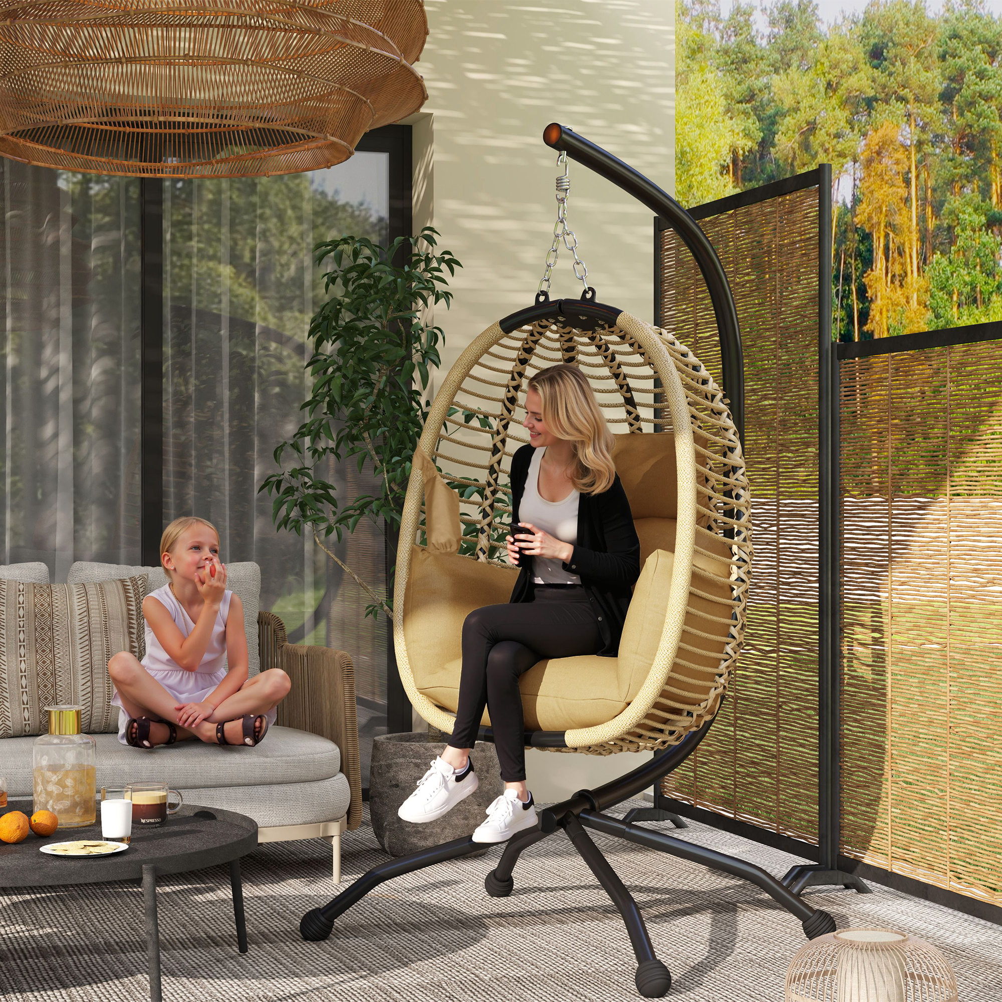 Outsunny Hängesessel Eiform Hängeschaukel Klappbar mit Kissen und Ständer Innen- und Außenbereich 110 x 100 x 188 cm Beige