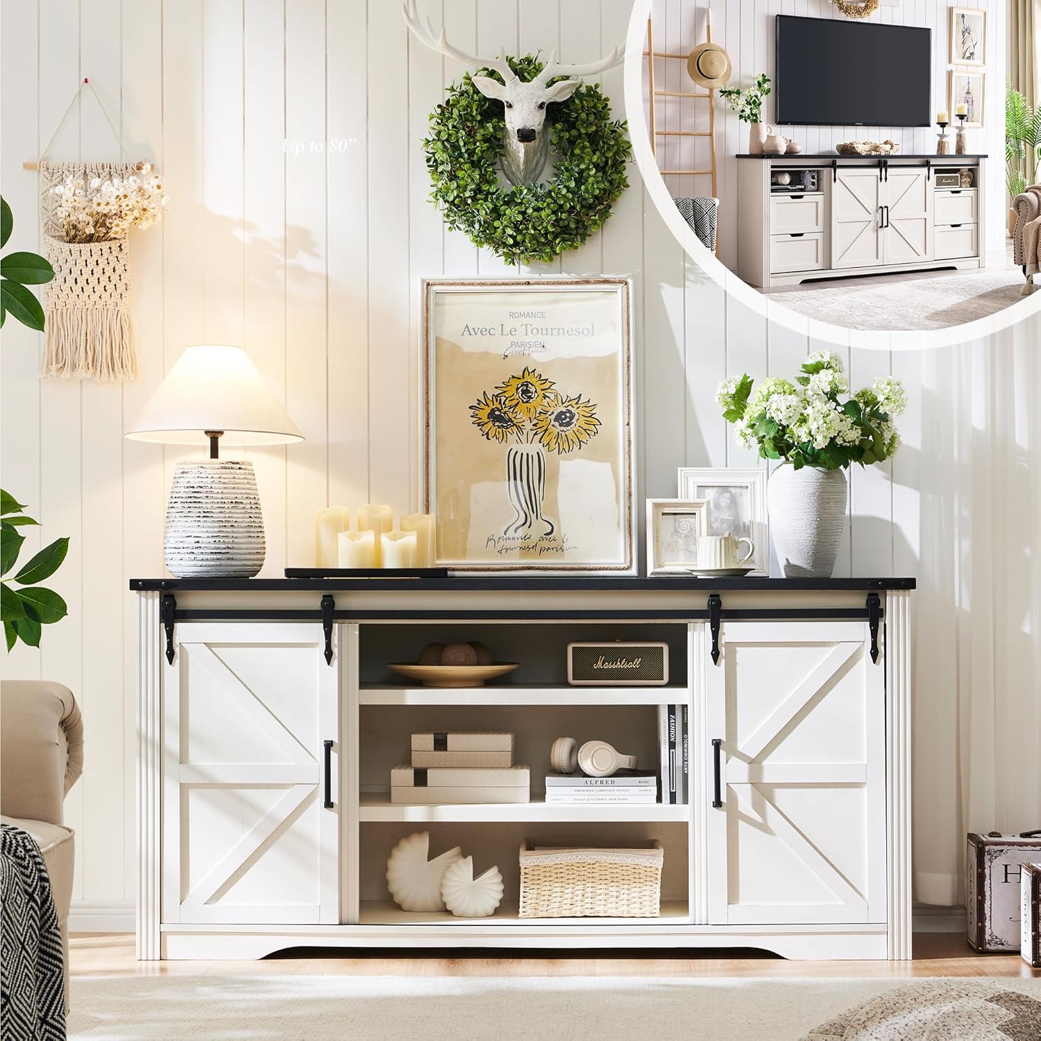 LINGMU Farmhouse TV Stand for 75 80 Inch TV, 32