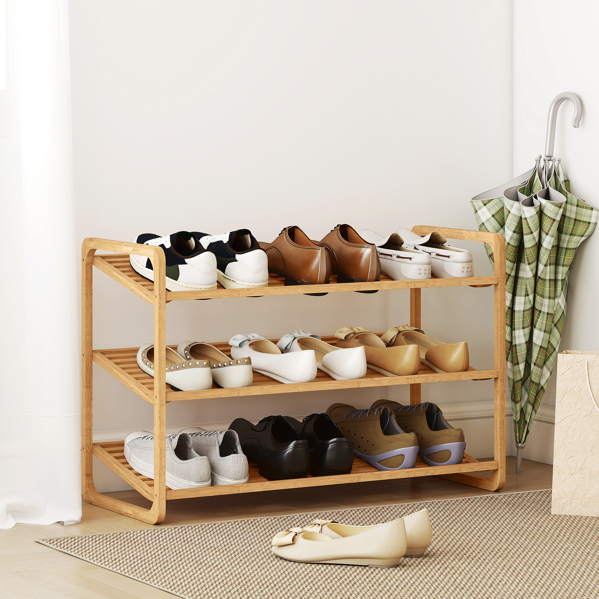 HOMCOM Bambusregal, Schuhregal, Flurregal, 3-stufiges Design, 30 kg Belastbarkeit, Holz