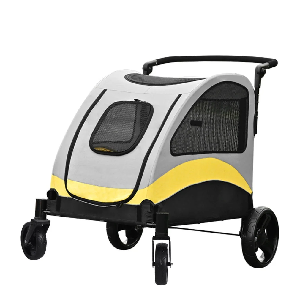Large Dog Stroller �C 4 Wheels, Panoramic Mesh View & Safety Collar Hook