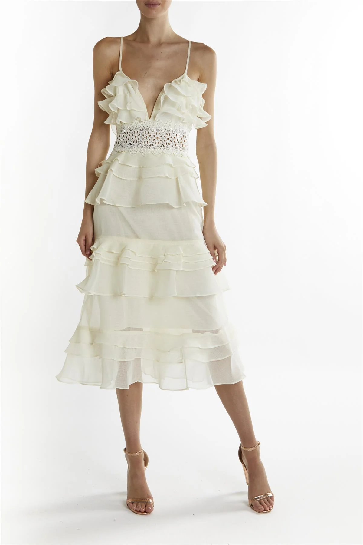 Soft-Yellow Melina V-Neck Ruffle Midi-Dress