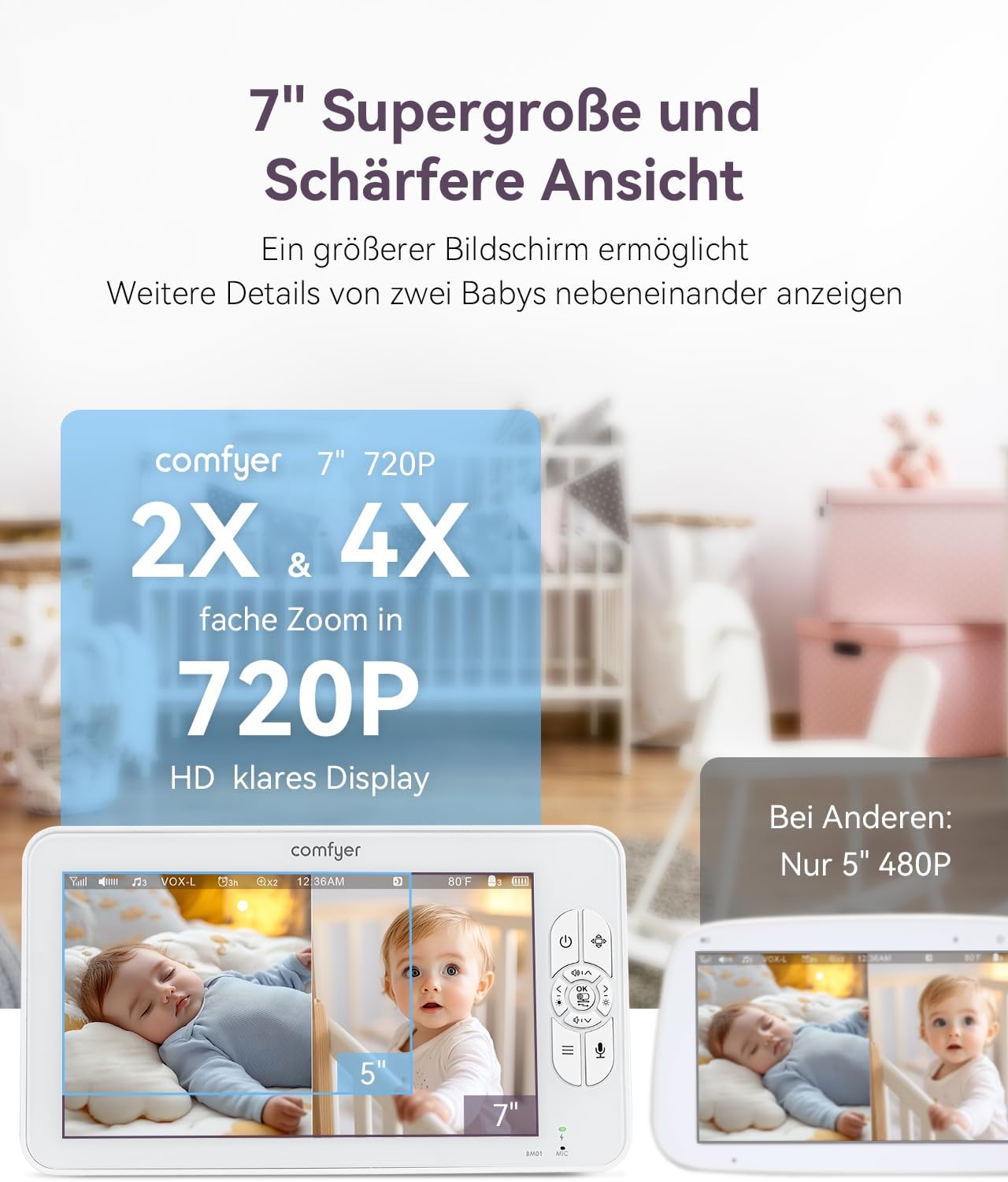 Comfyer Split-Screen Babyphone mit 2 Kameras, 7 HD 720P Video Babyphone ohne WLAN mit Halterung, IR-Nachtsicht Weitwinkelobjektiv Vox-Modus 2-Wege-Audio 960 Fuß Reichweite Videoüberwachungsgeräte