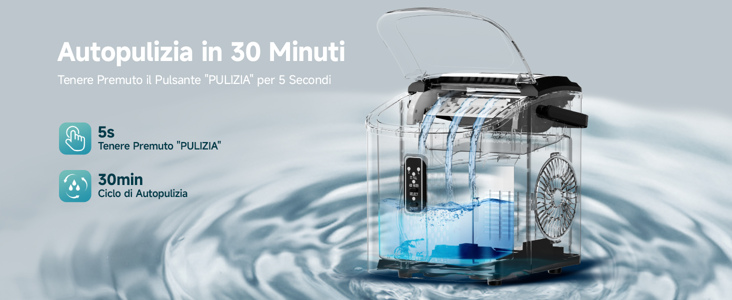 Dispositivo trasparente per l'autopulizia in 30 minuti. Mostra l'acqua all'interno, il display digitale e il ciclo di prelavaggio di 5 secondi. Il testo indica il ciclo di pulizia di 30 minuti e la funzione di autopulizia (autopulizia
