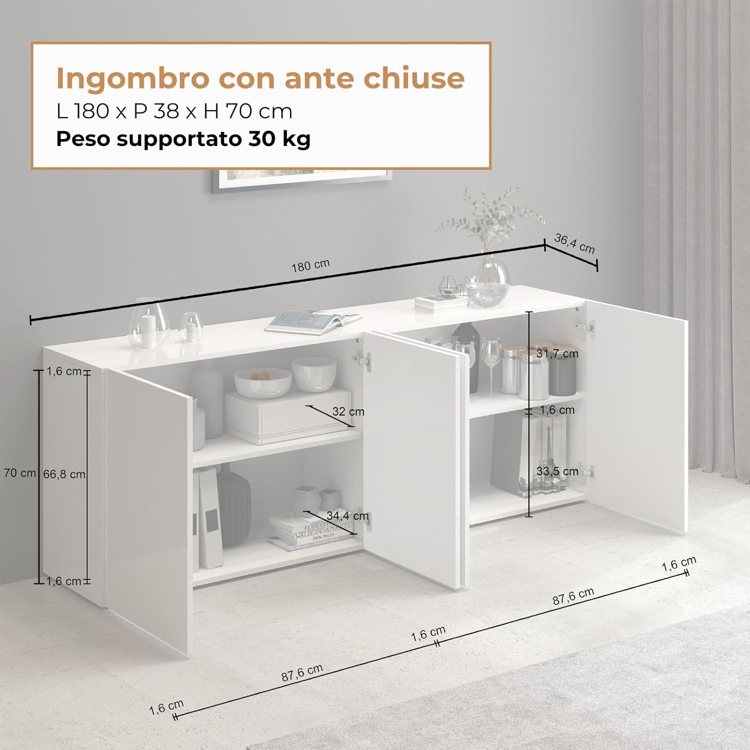 WHOUS Credenza e Buffet EGYPT per Soggiorno con 4 Ante e 4 Vani, Madia per Salotto, Cucina e Sala da Pranzo in Legno, 180x38x70 cm, Bianco Laccato Lucido