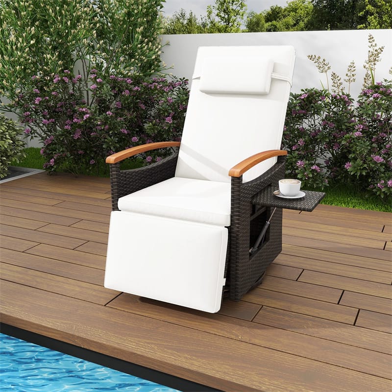 Outdoor Rattan 360° Swivel Recliner Chair, Patio Wicker Chaise Lounge Chair with Adjustable Backrest & Footrest, Flip Side Table & Cushions