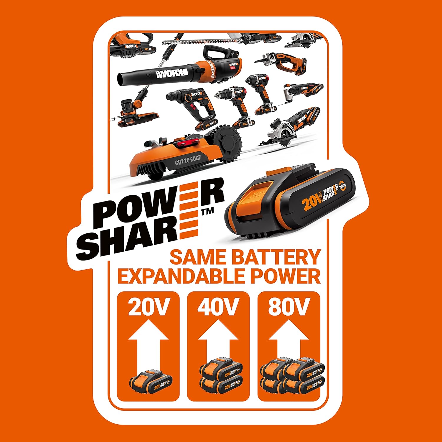 WORX WG252E.9 Akku Teleskop Heckenschere - 45cm Schnittbreite - 10-Fach Verstellbarer Teleskopstiel bis 3,20 Meter Hhe - PowerShare kompatibel - Ohne Akku & Ladegert