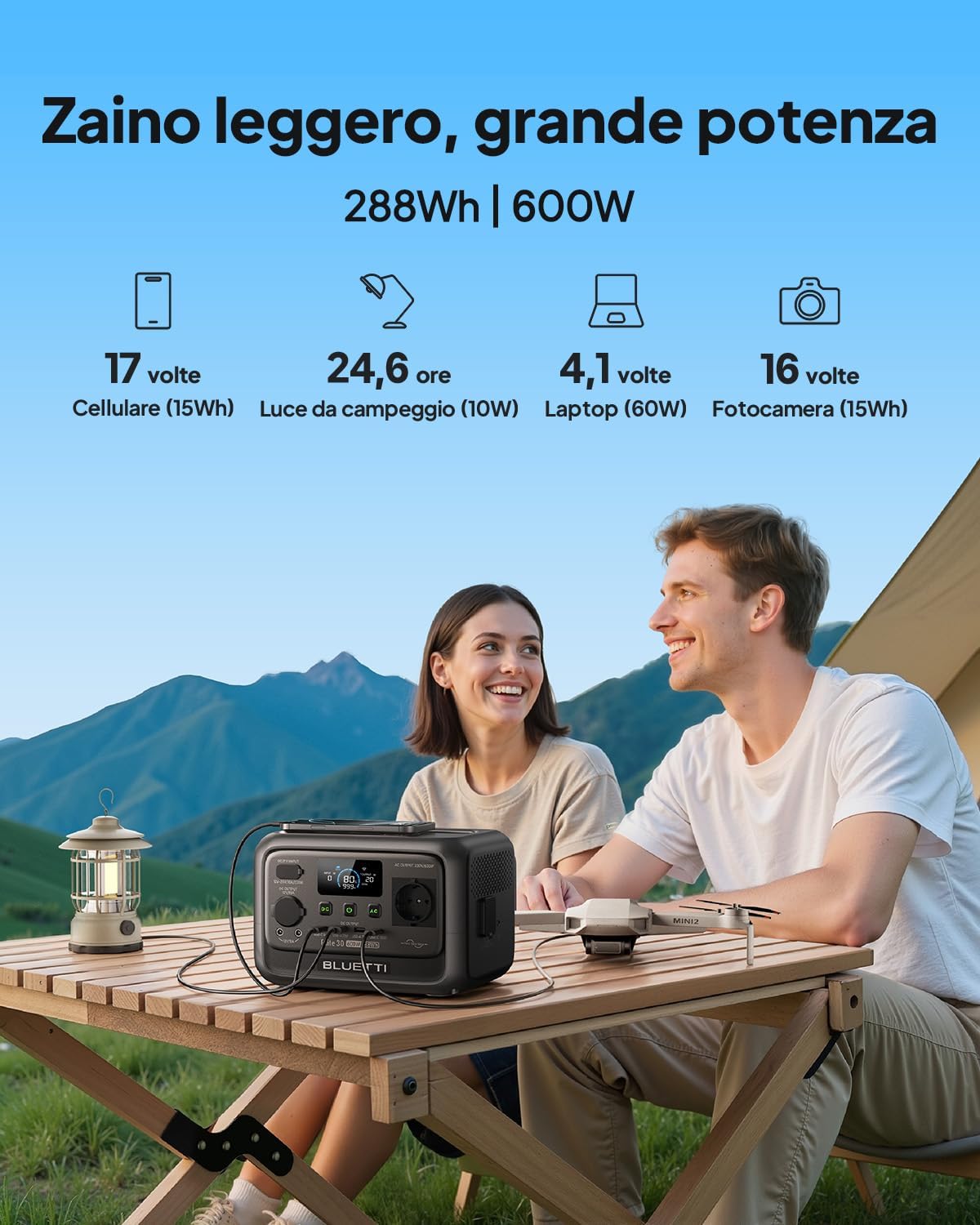 BLUETTI Stazione di Energia Portatile Elite 30 V2, Batteria LiFePO4 da 288Wh, Uscita CA da 600W (Picco 1500W), Ricarica Totale in 70 Minuti, Ideale per Campeggio, Viaggi, Interruzioni di Corrente