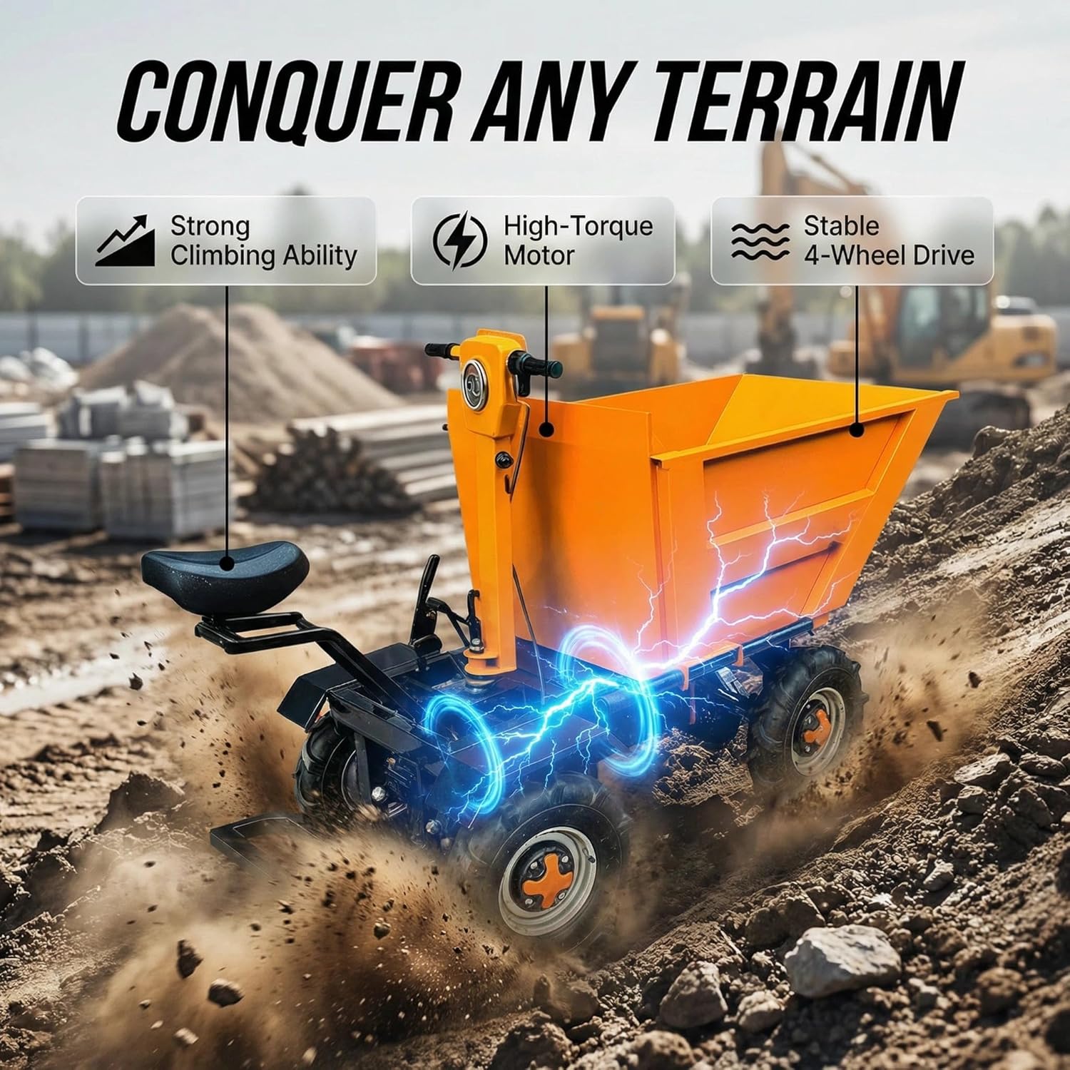 Electric Wheelbarrow  1900W Powerhouse 2205 lbs Heavy Duty Dump Cart All-Terrain Wheels for Hill Climbing & Rough Ground Utility Wagon for Yard  Garden  Construction Hauling & Dumping