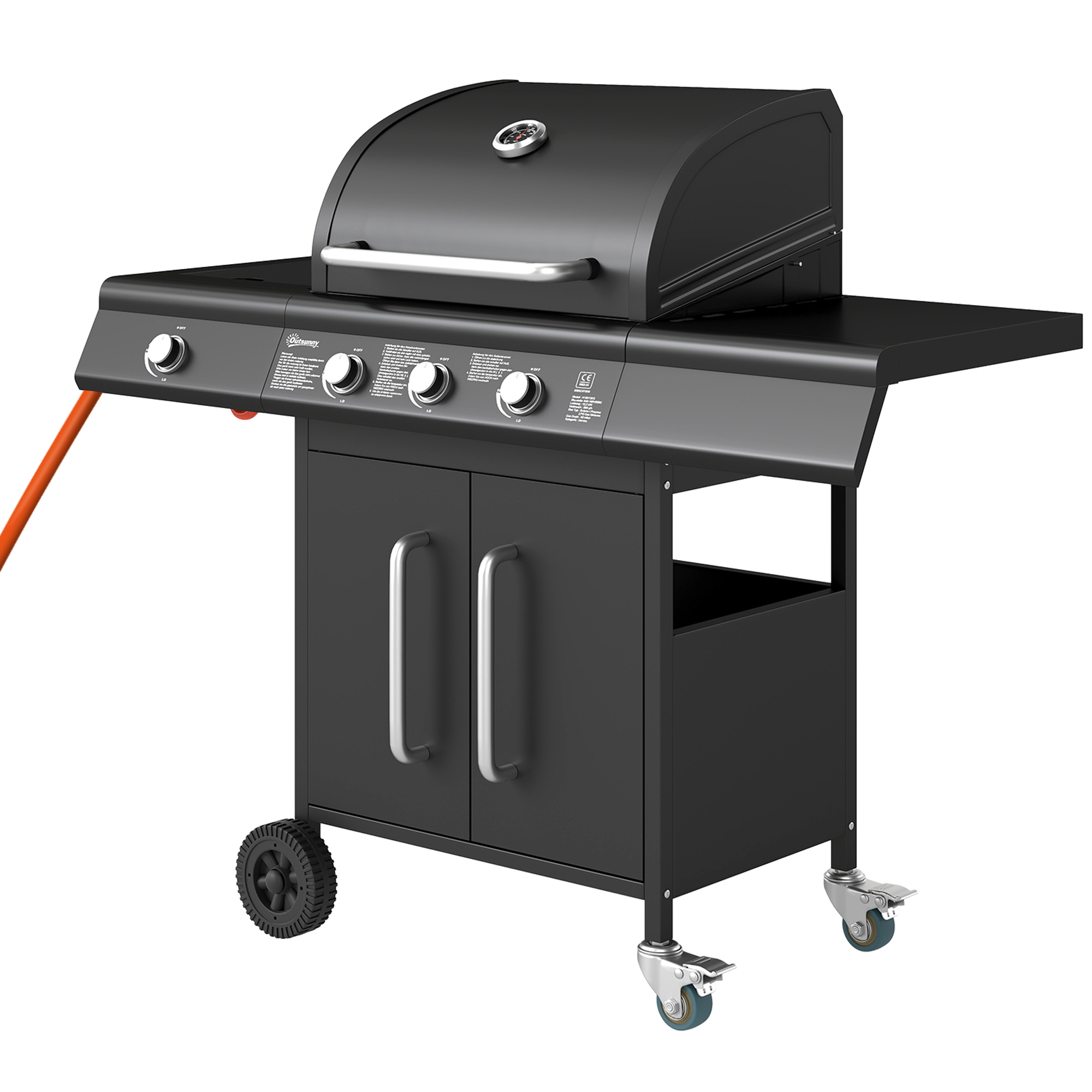 Outsunny Fahrbarer Gasgrill mit Stauraum, Seitentisch, Seitenbrenner, Warmhalterost, Thermometer, Edelstahl, Schwarz