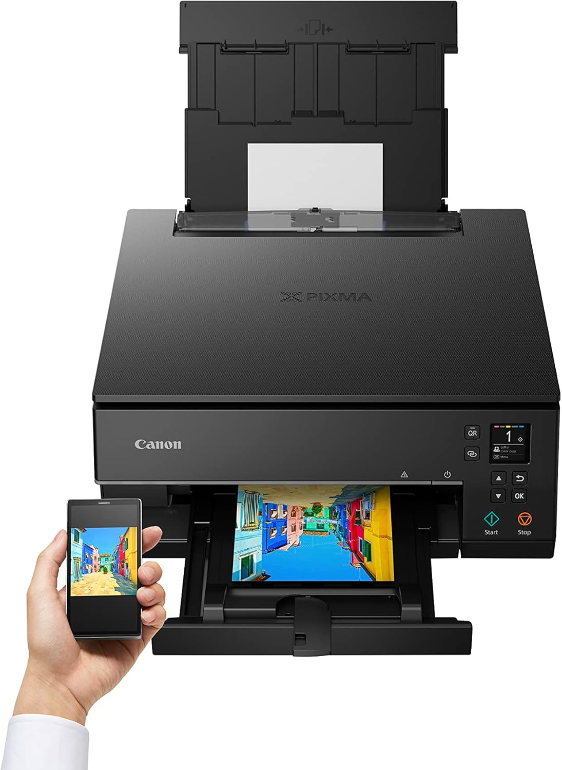 Canon PIXMA TS6350a printer, kleureninkjet multifunctioneel apparaat DIN A4 (fotoprinter, scanner, kopieerapparaat, OLED, 4.800x1.200 dpi, USB, WLAN, 5 afzonderlijke inkten, dubbelzijdig afdrukken, 2 papierladen), zwart