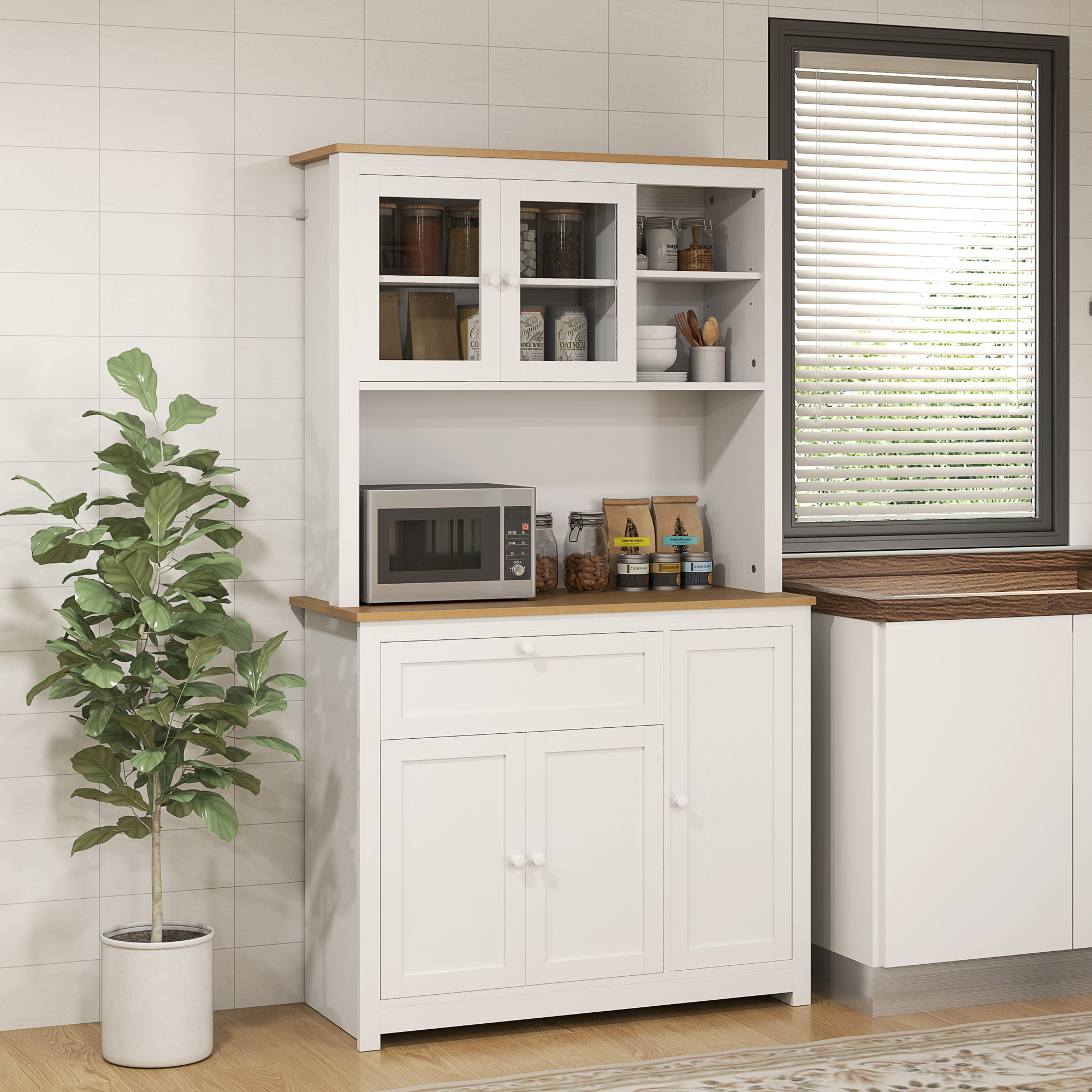 Landhuisstijl Keukenkast, 1 Vitrine, 1 Open Schap, 1 Lade, 2 Kasten, Natuur + Wit