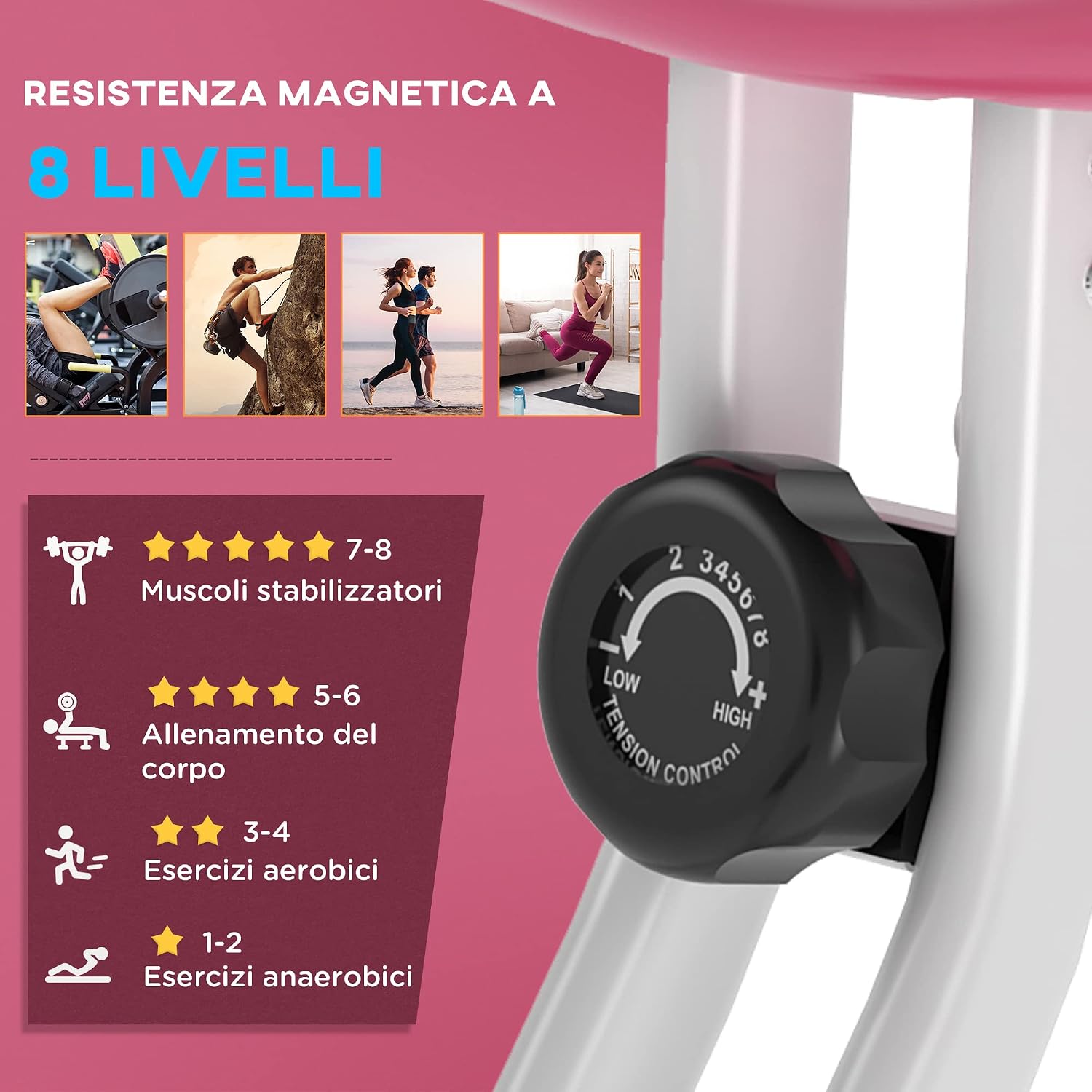 HOMCOM Cyclette Pieghevole da Fitness in Acciaio, Cyclette Magnetica Pieghevole da Casa con Altezza Regolabile, Resistenza Magnetica a 8 Livelli, Schermo LCD, 43x97x109cm