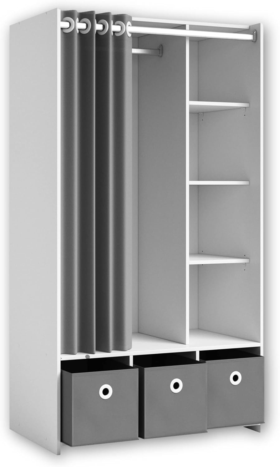 Stella Trading JENKE White Clothes Wardrobe with 3 Storage Boxes and Fabric Curtain, Versatile Multipurpose Wardrobe with Useful Interior Dividing, 100 x 180 x 50 cm (W x H x D)