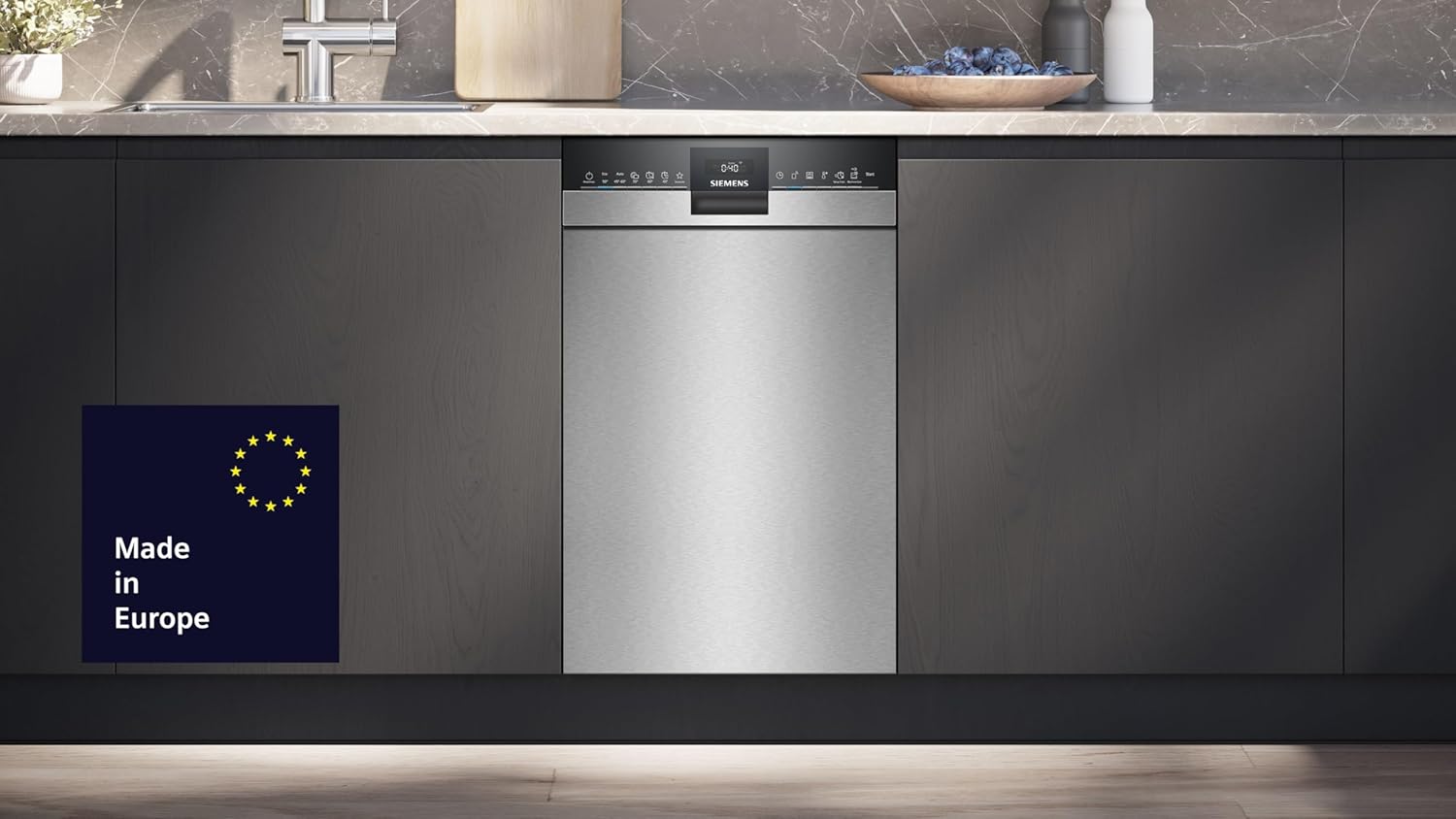 Siemens SR43ES25ME iQ300 Unterbau-Geschirrspüler, 45 cm, besonders leise, varioSpeed Plus, varioFlex Korbsystem und varioSchublade, autoOpen dry, aquaStop, Home Connect, Gebürsteter Stahl