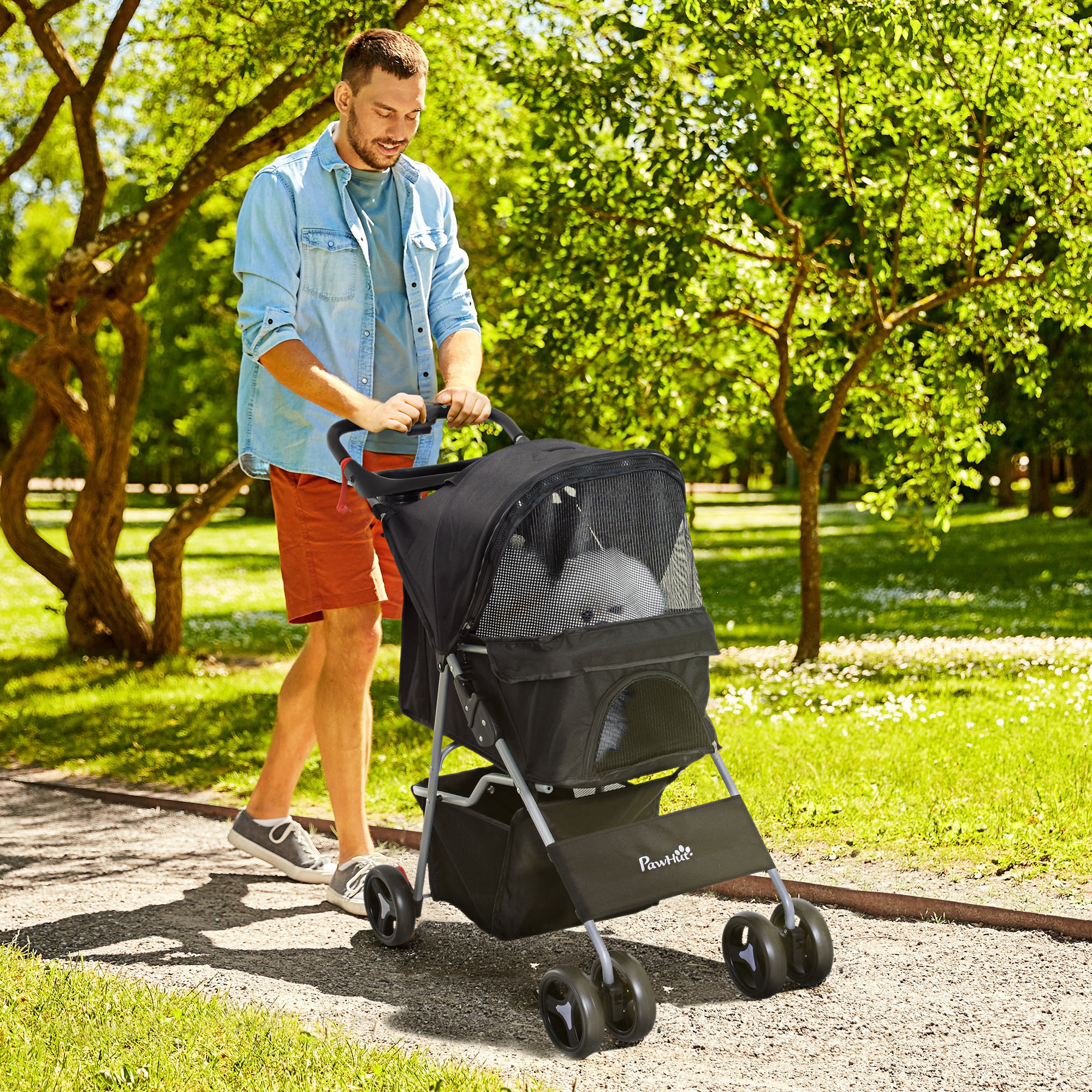 PawHut Poussette Buggy für Hunde 75L x 46B x 94H cm faltbar wasserdicht 600D Oxford Stoff 4 Räder Schwarz