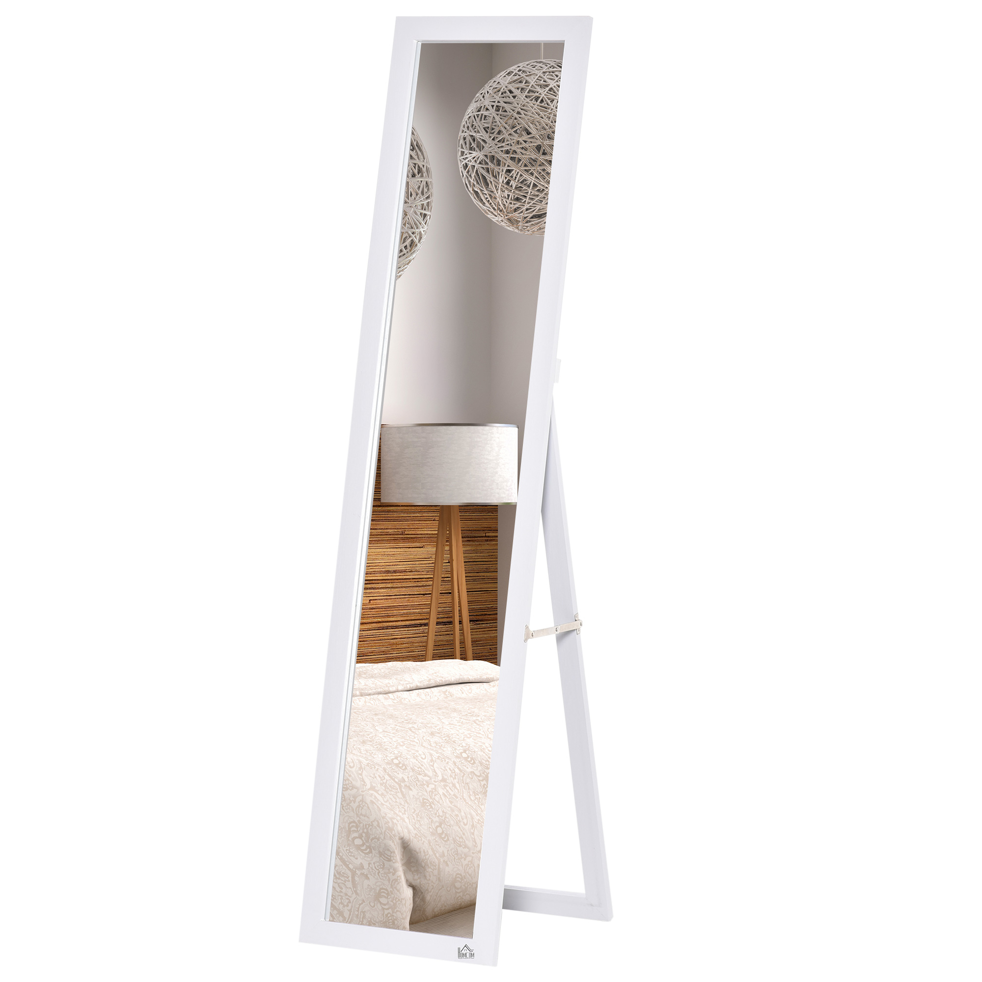 HOMCOM Ganzkörperspiegel mit klappbarem Ständer und Montagelöchern, aus Holz und Glas, 37x37x154 cm, Weiß