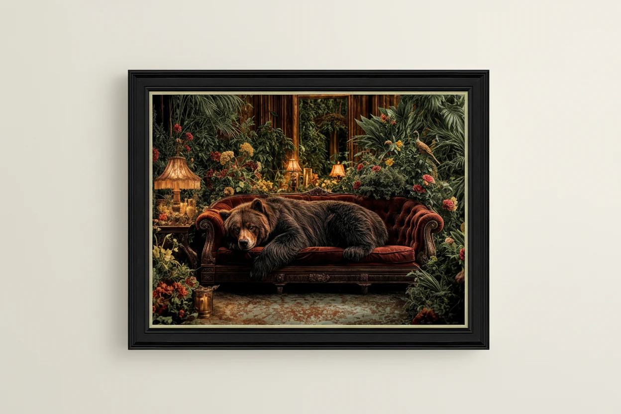 Lounging Bear on Scarlet Sofa Art Print