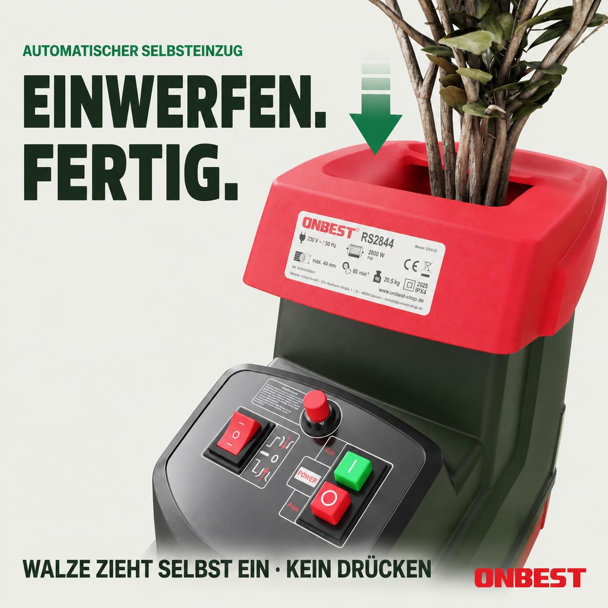 Elektro-Gartenhäcksler 2800 W für Äste bis 44 mm mit 60-Liter-Auffangbox Rücklauffunktion Überlastungsschutz und Selbsteinzug